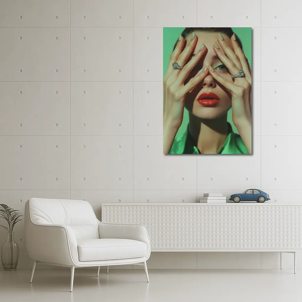 Woman Red Lips Green Nails Diamond Rings – Wall Art