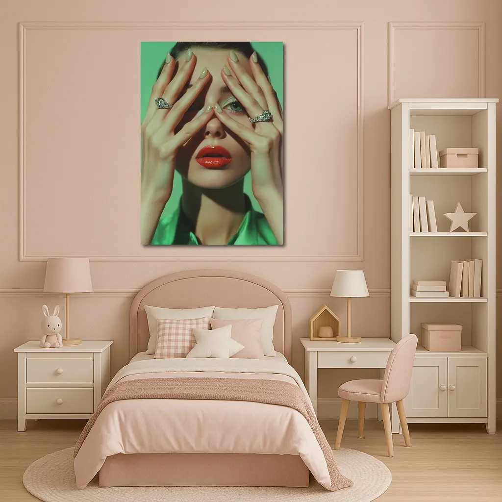 Woman Red Lips Green Nails Diamond Rings – Wall Art