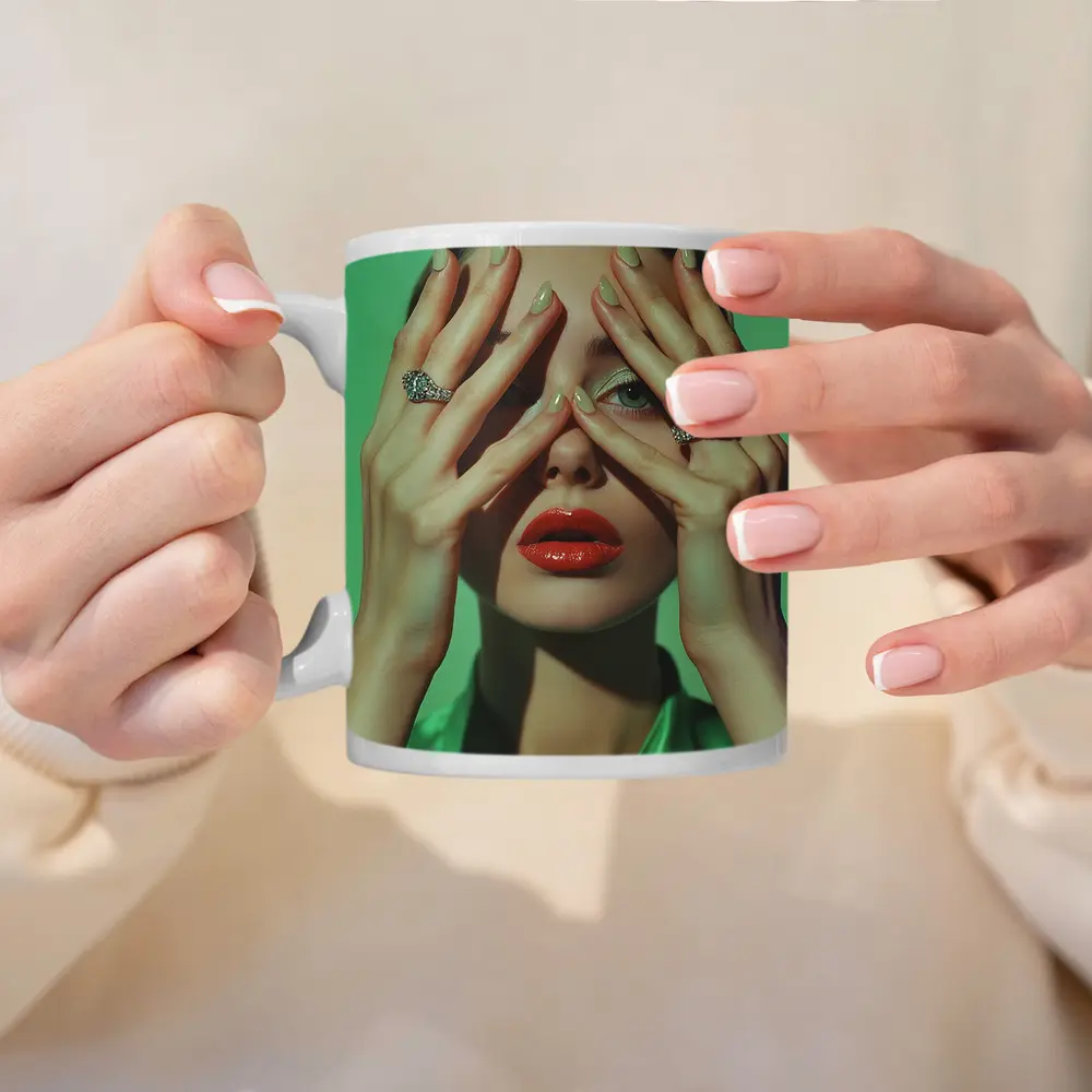 Woman Red Lips Green Nails Diamond Rings – Mugs