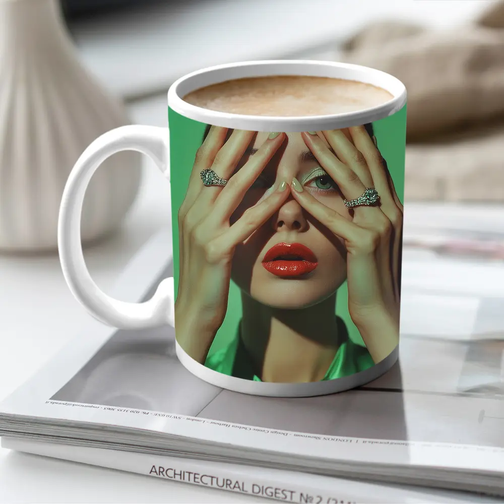 Woman Red Lips Green Nails Diamond Rings – Mugs