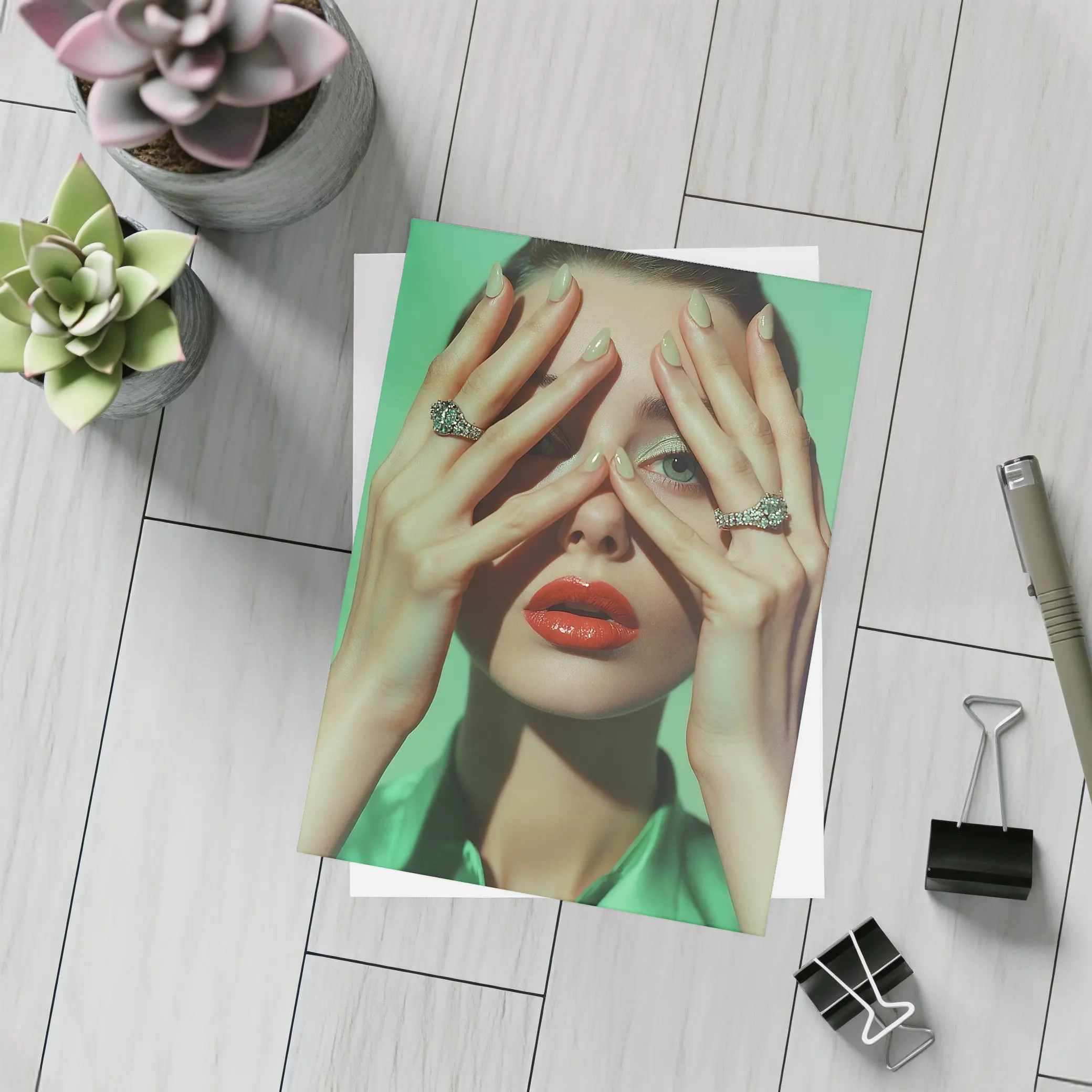 Woman Red Lips Green Nails Diamond Rings – Postcards