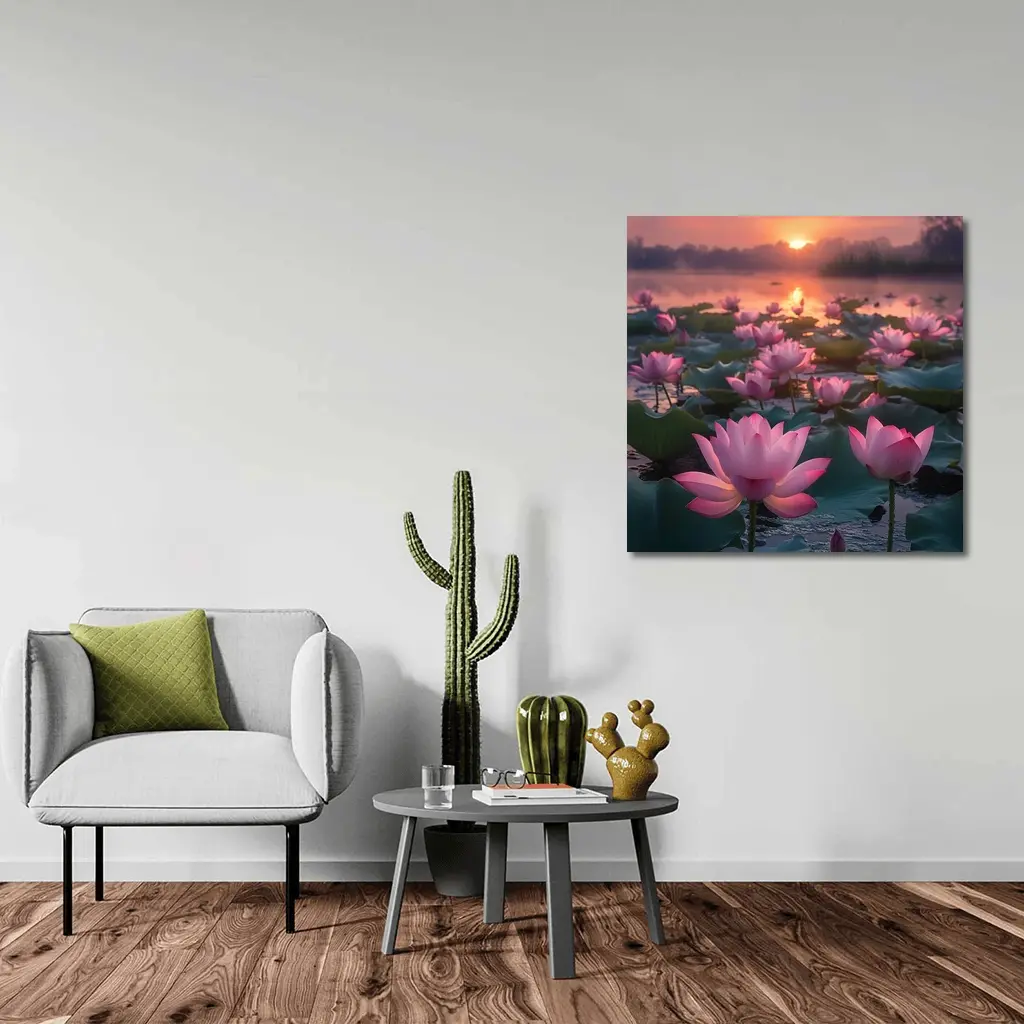 Pink Lotus Flowers Blooming At Sunset Lake – Wall Art