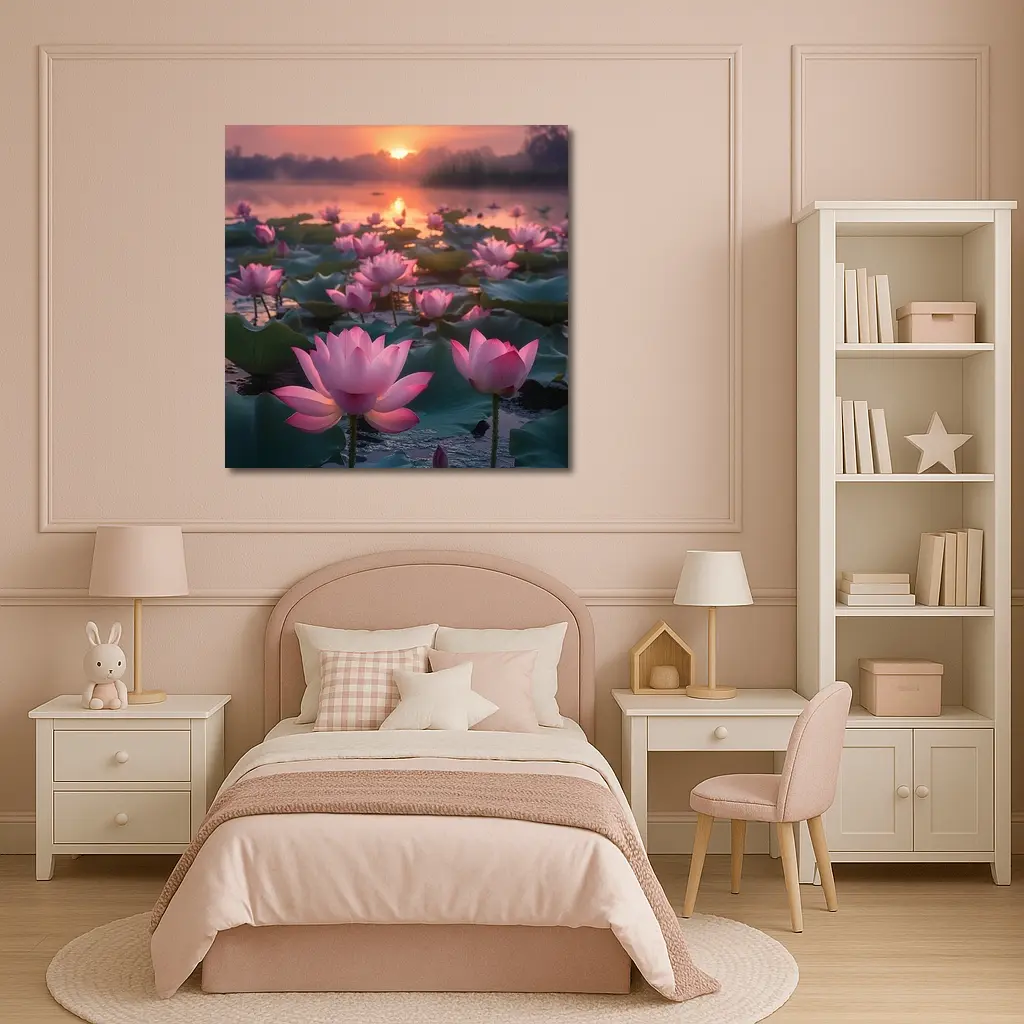 Pink Lotus Flowers Blooming At Sunset Lake – Wall Art