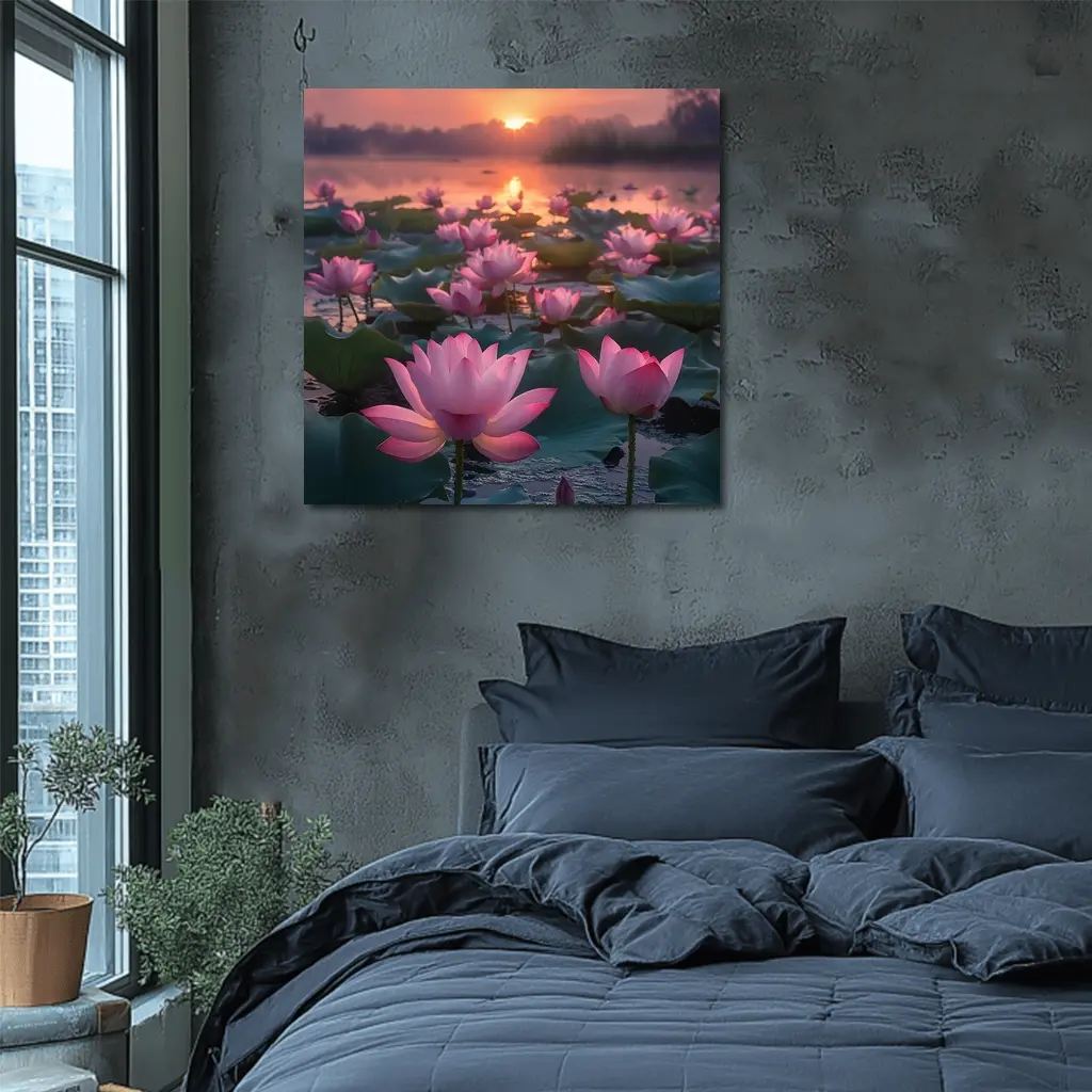 Pink Lotus Flowers Blooming At Sunset Lake – Wall Art