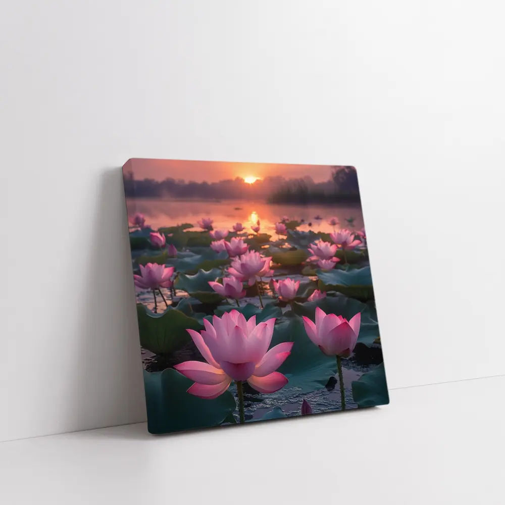 Pink Lotus Flowers Blooming At Sunset Lake – Wall Art