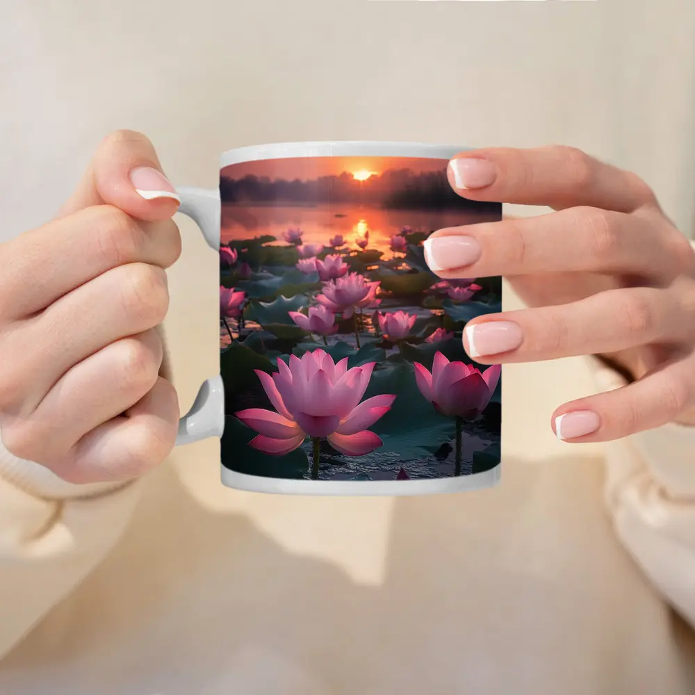 Pink Lotus Flowers Blooming At Sunset Lake – Mugs