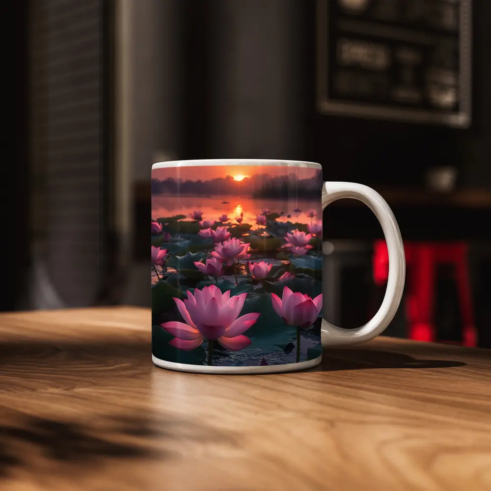 Pink Lotus Flowers Blooming At Sunset Lake – Mugs