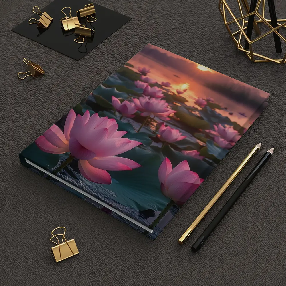 Pink Lotus Flowers Blooming At Sunset Lake – Notebooks