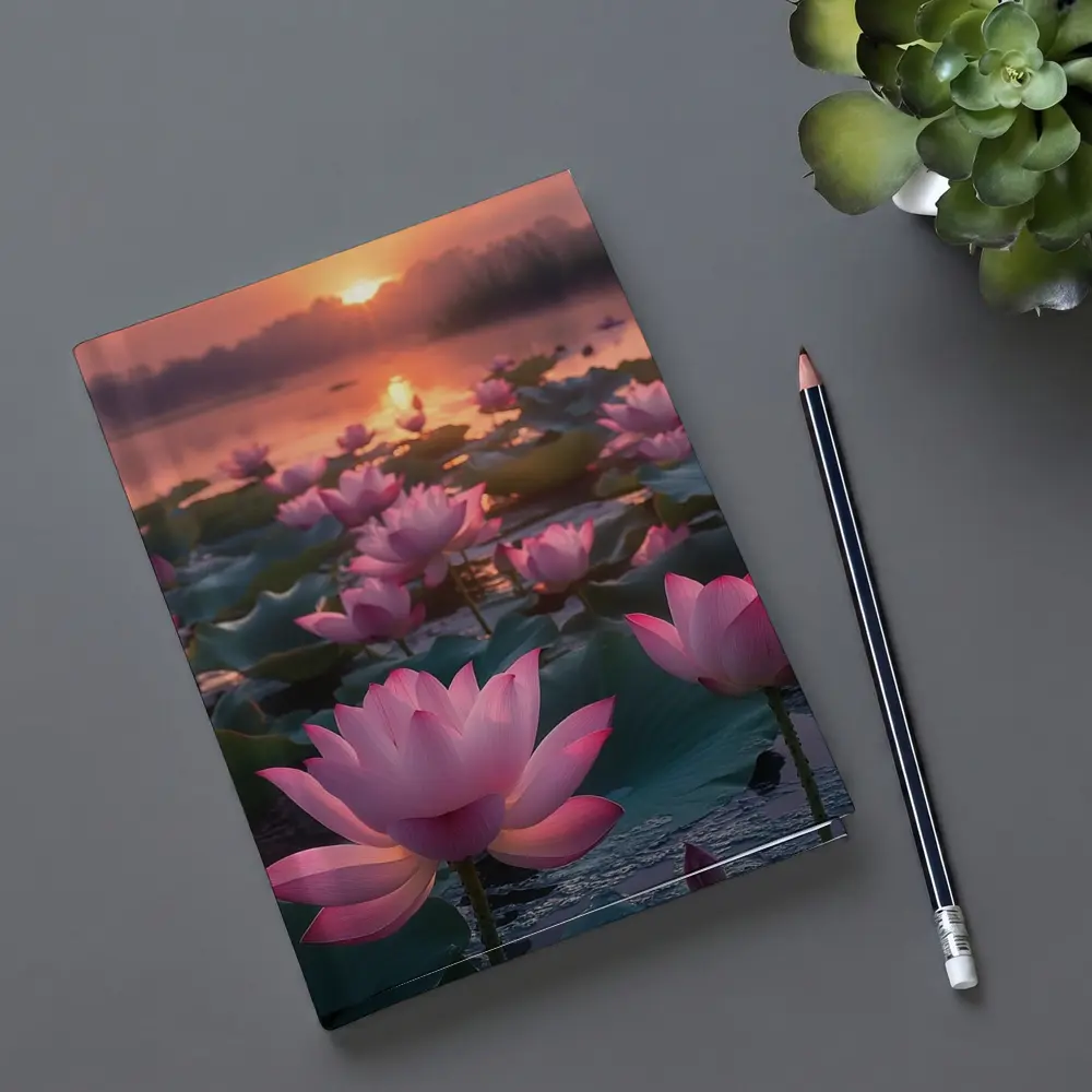 Pink Lotus Flowers Blooming At Sunset Lake – Notebooks