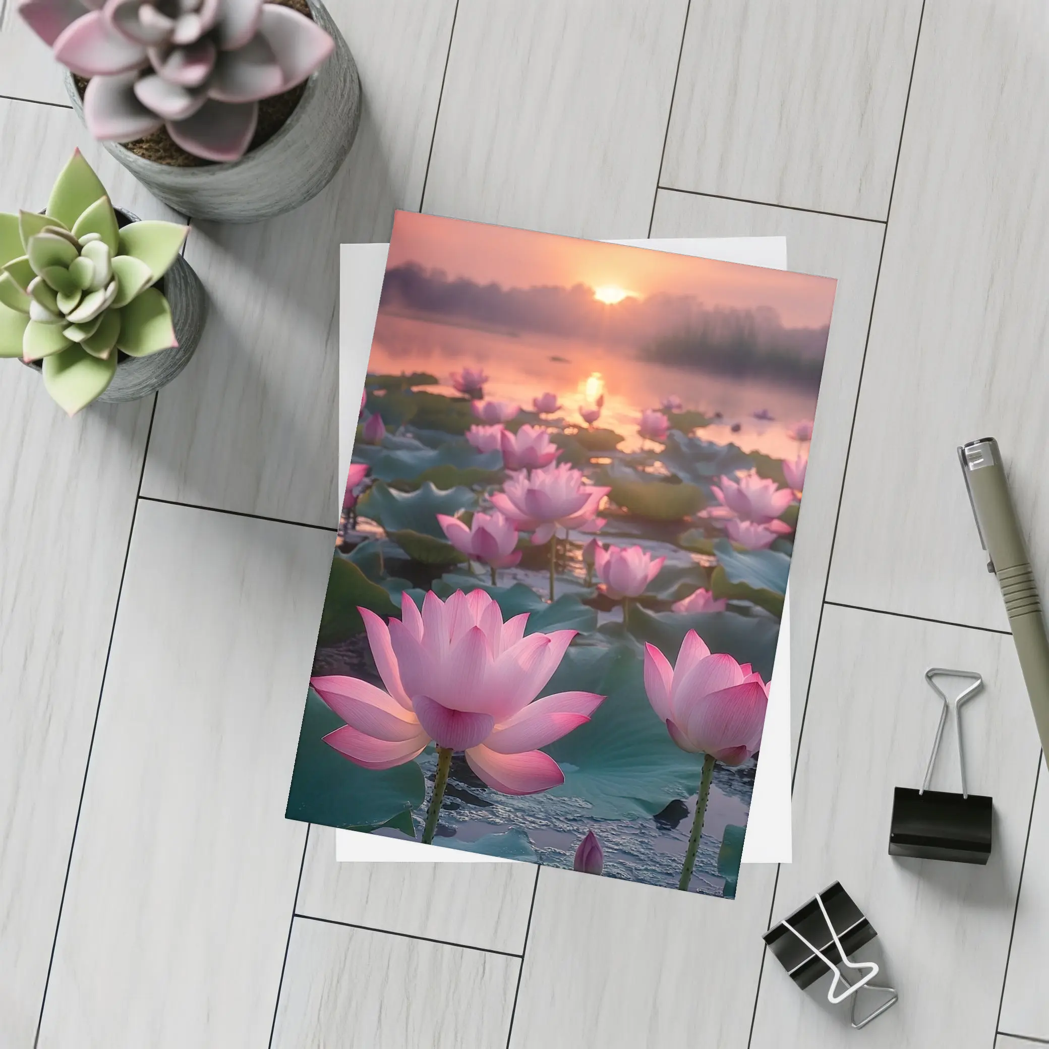 Pink Lotus Flowers Blooming At Sunset Lake – Postcards