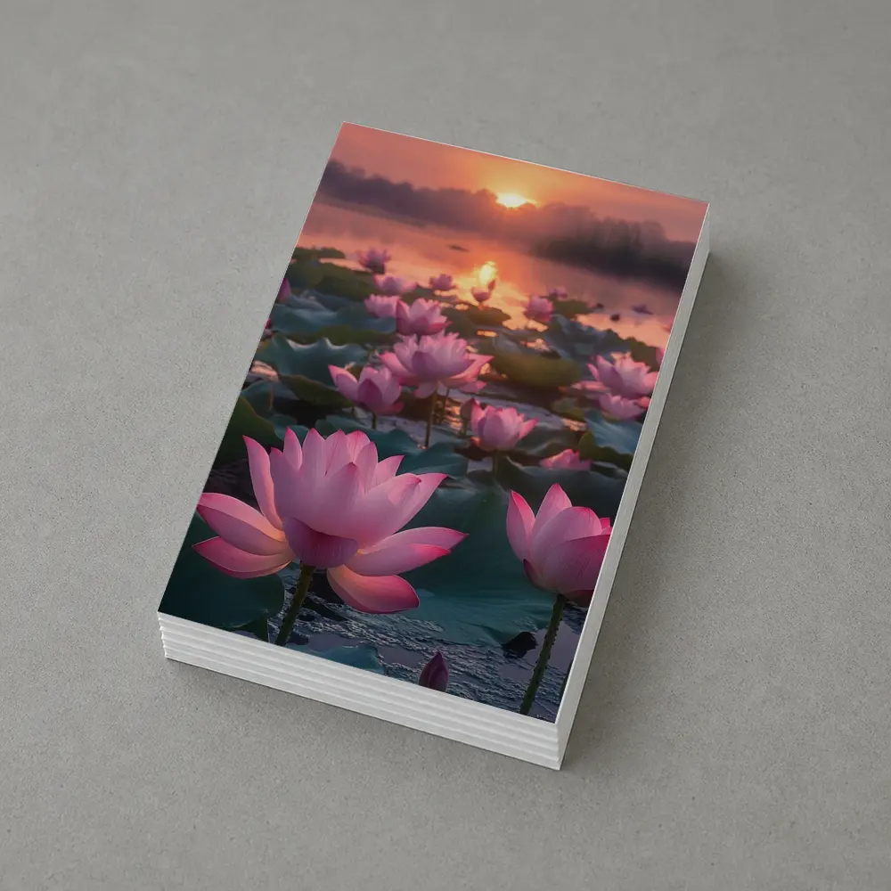 Pink Lotus Flowers Blooming At Sunset Lake – Postcards