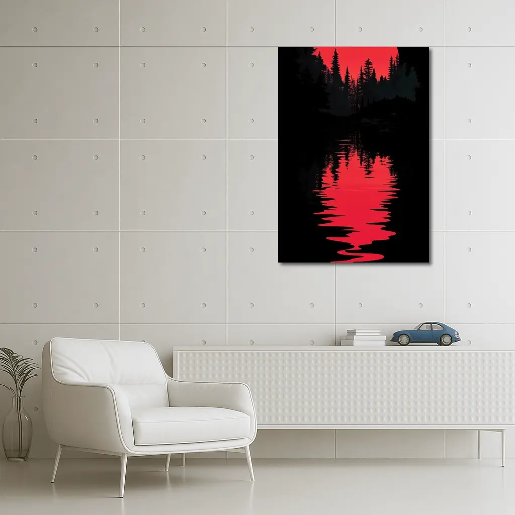 Red Moon Forest Dark Lake Reflection – Wall Art