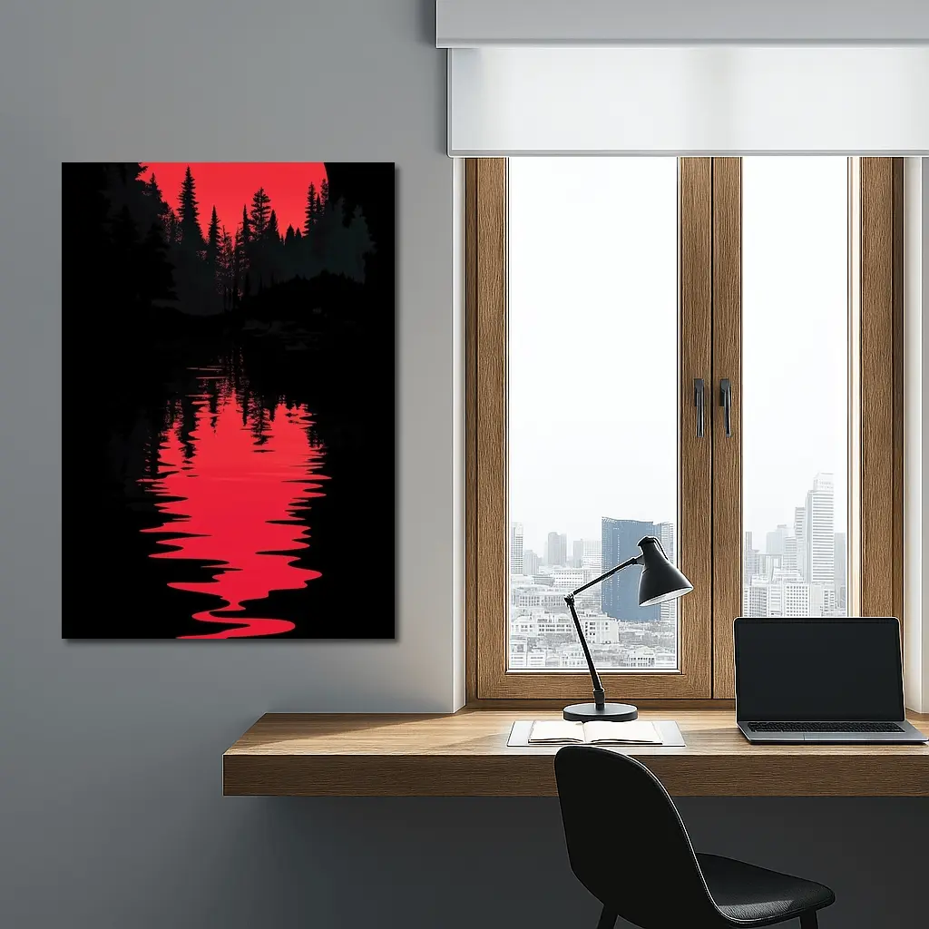 Red Moon Forest Dark Lake Reflection – Wall Art