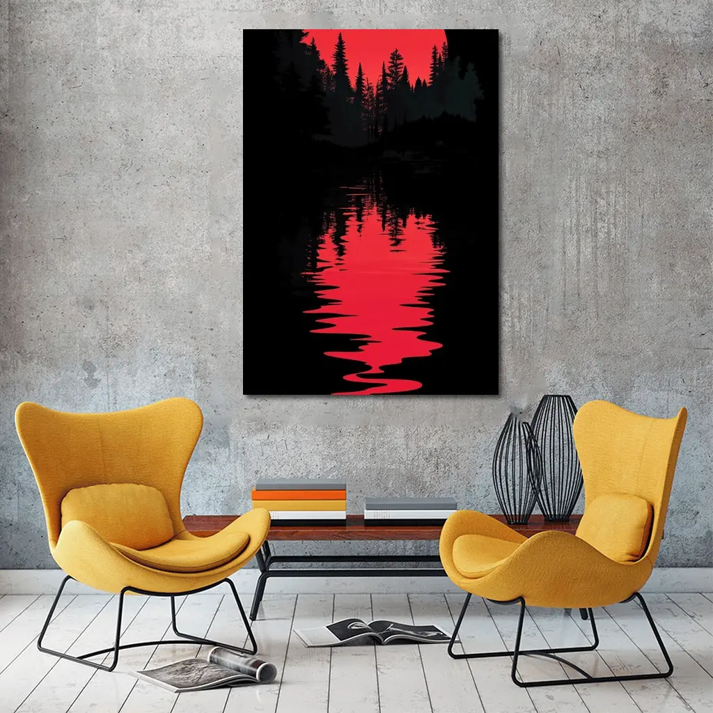 Red Moon Forest Dark Lake Reflection – Wall Art