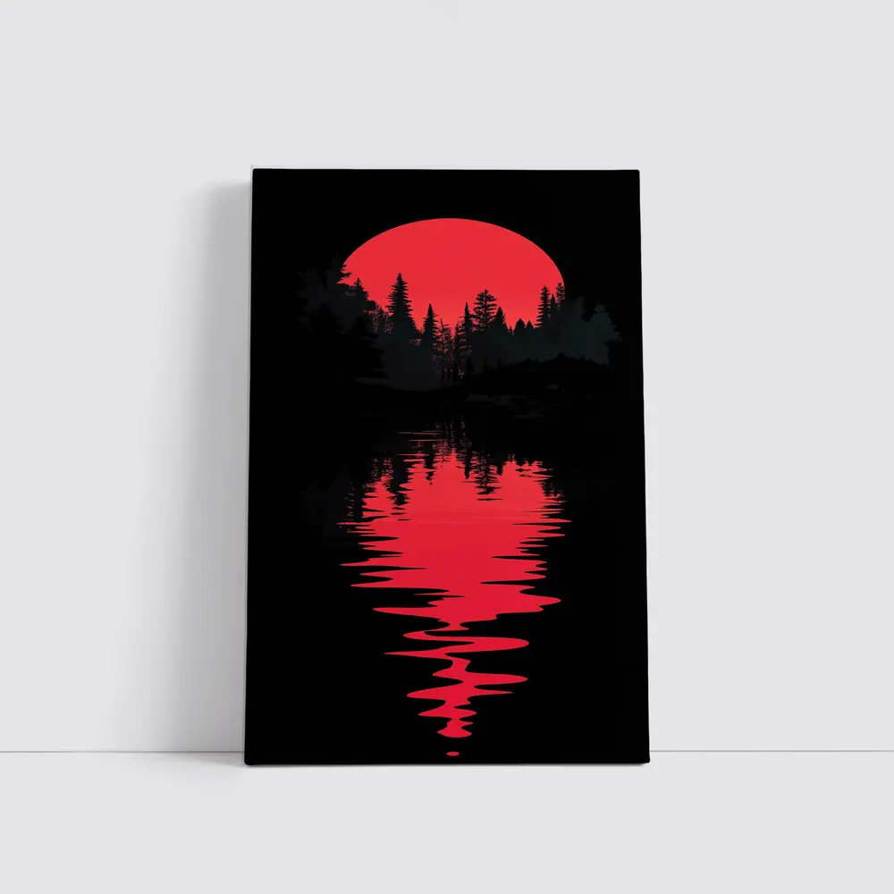 Red Moon Forest Dark Lake Reflection – Wall Art