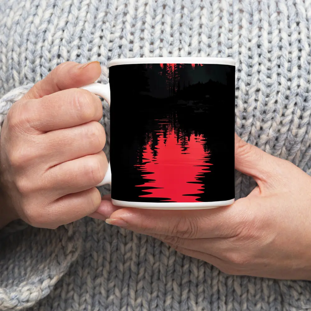 Red Moon Forest Dark Lake Reflection – Mugs