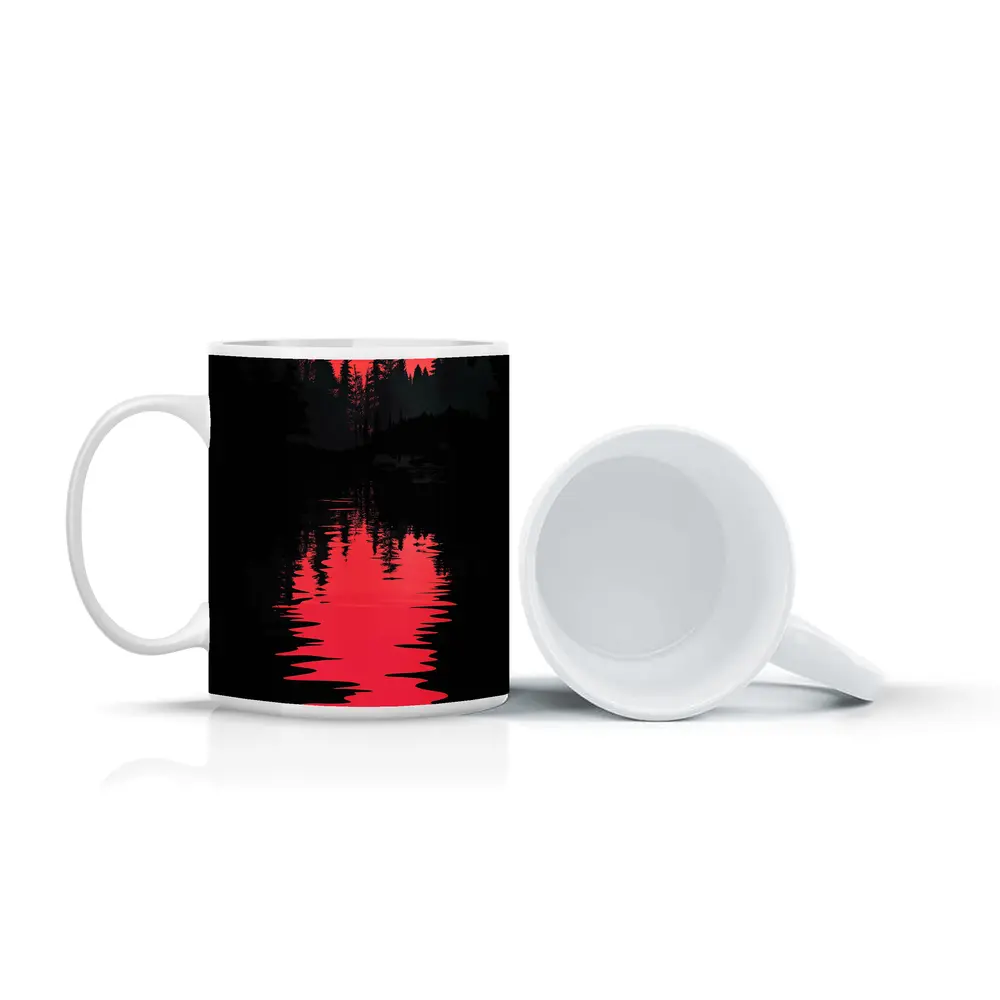 Red Moon Forest Dark Lake Reflection – Mugs