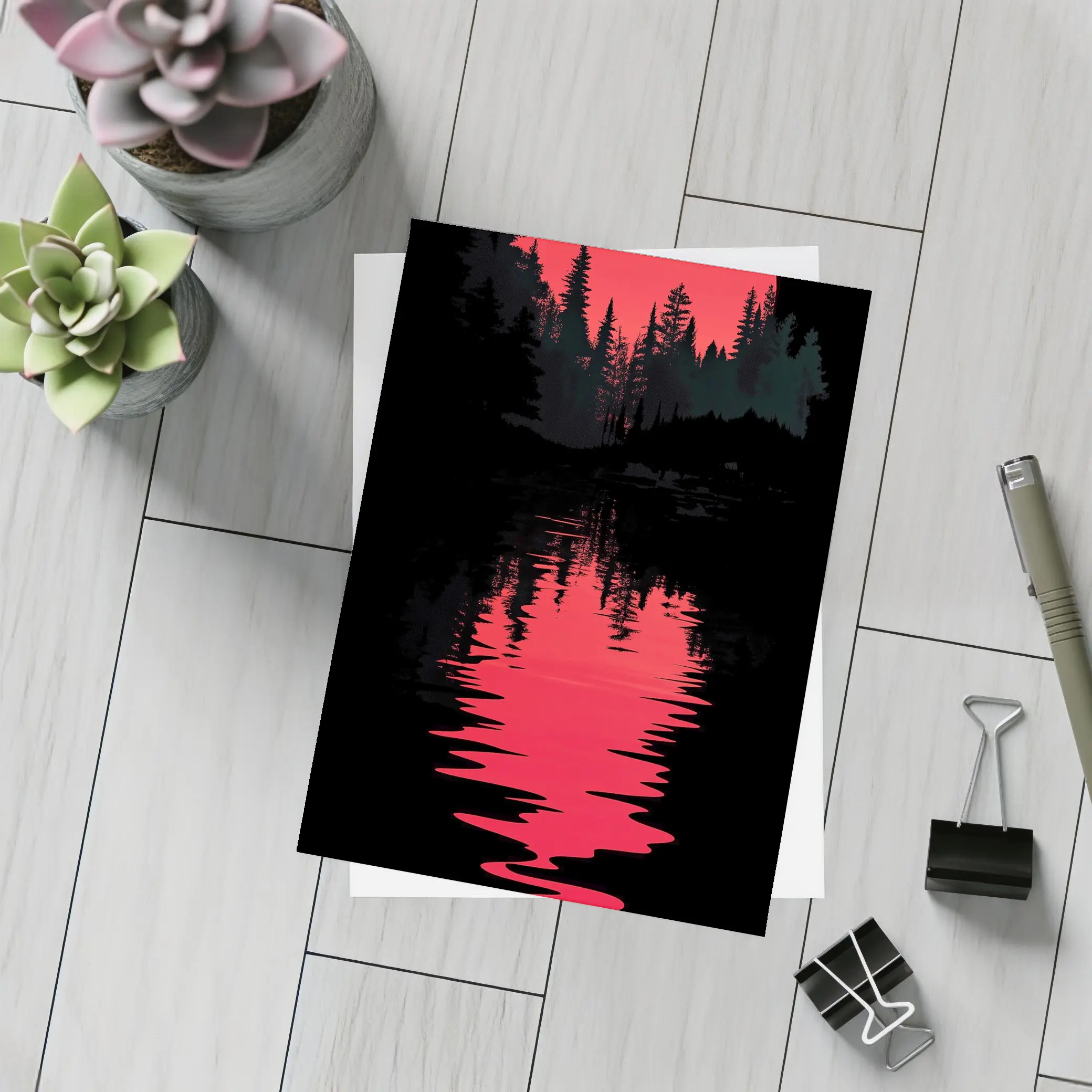 Red Moon Forest Dark Lake Reflection – Postcards