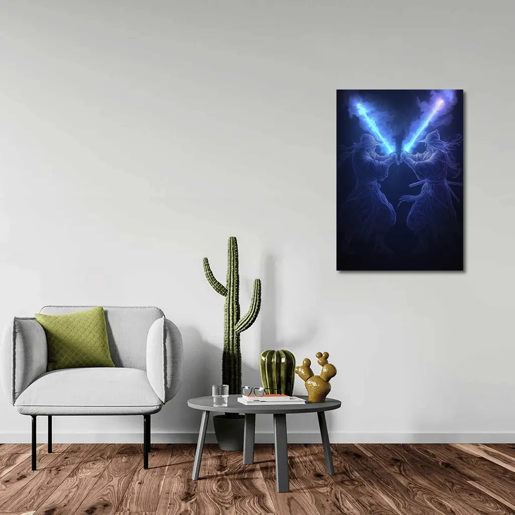 Two Jedi Warriors Blue Lightsaber Duel Dark – Wall Art
