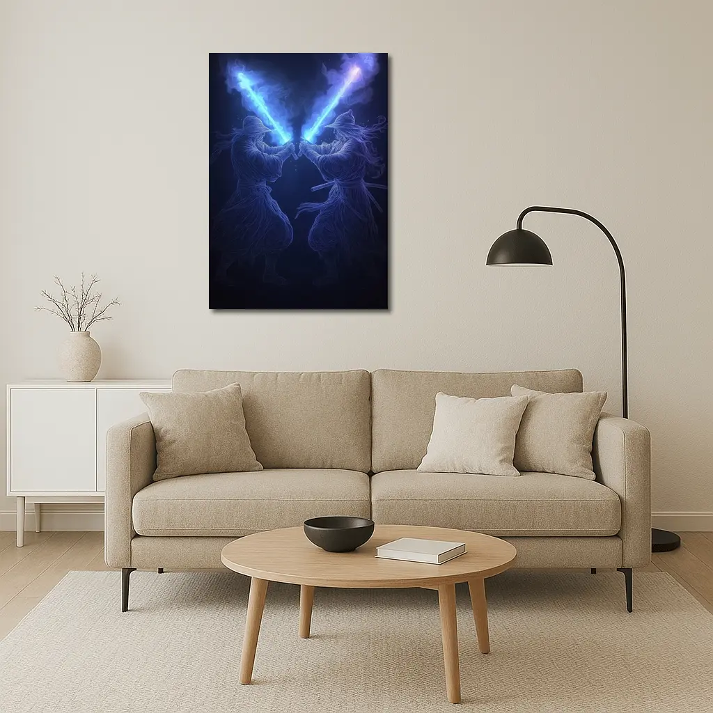 Two Jedi Warriors Blue Lightsaber Duel Dark – Wall Art