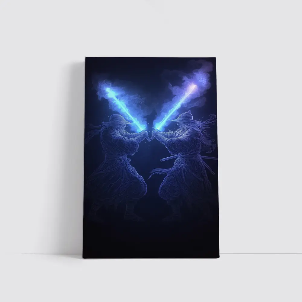 Two Jedi Warriors Blue Lightsaber Duel Dark – Wall Art