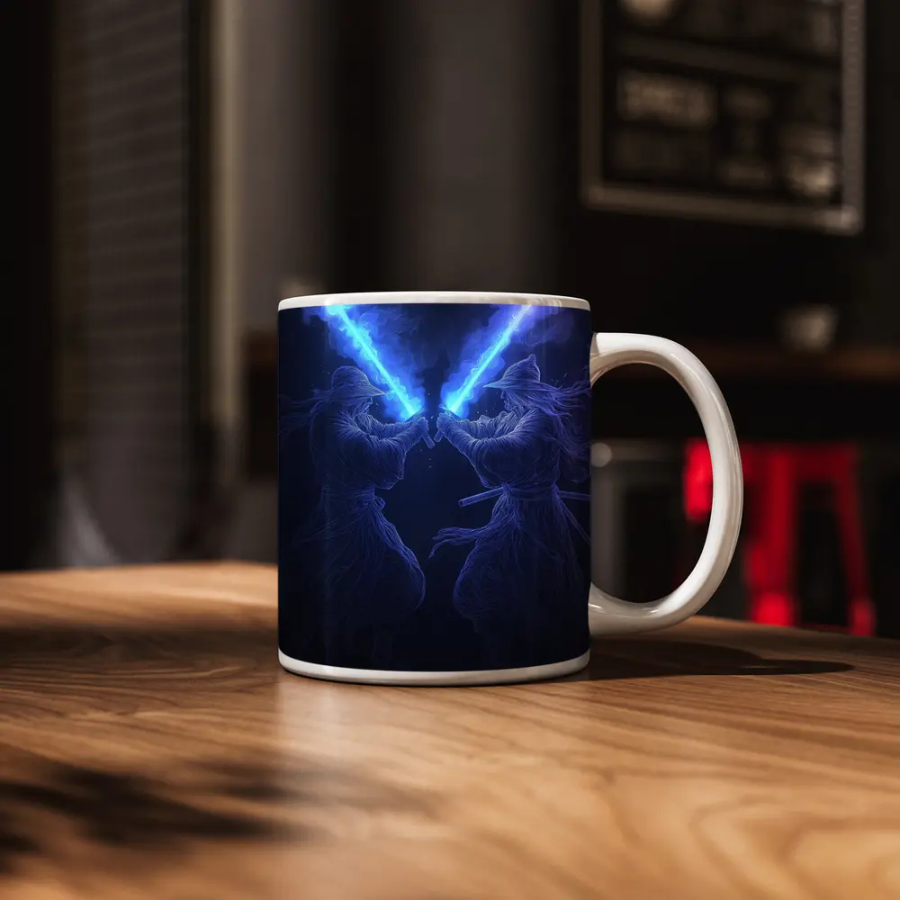 Two Jedi Warriors Blue Lightsaber Duel Dark – Mugs