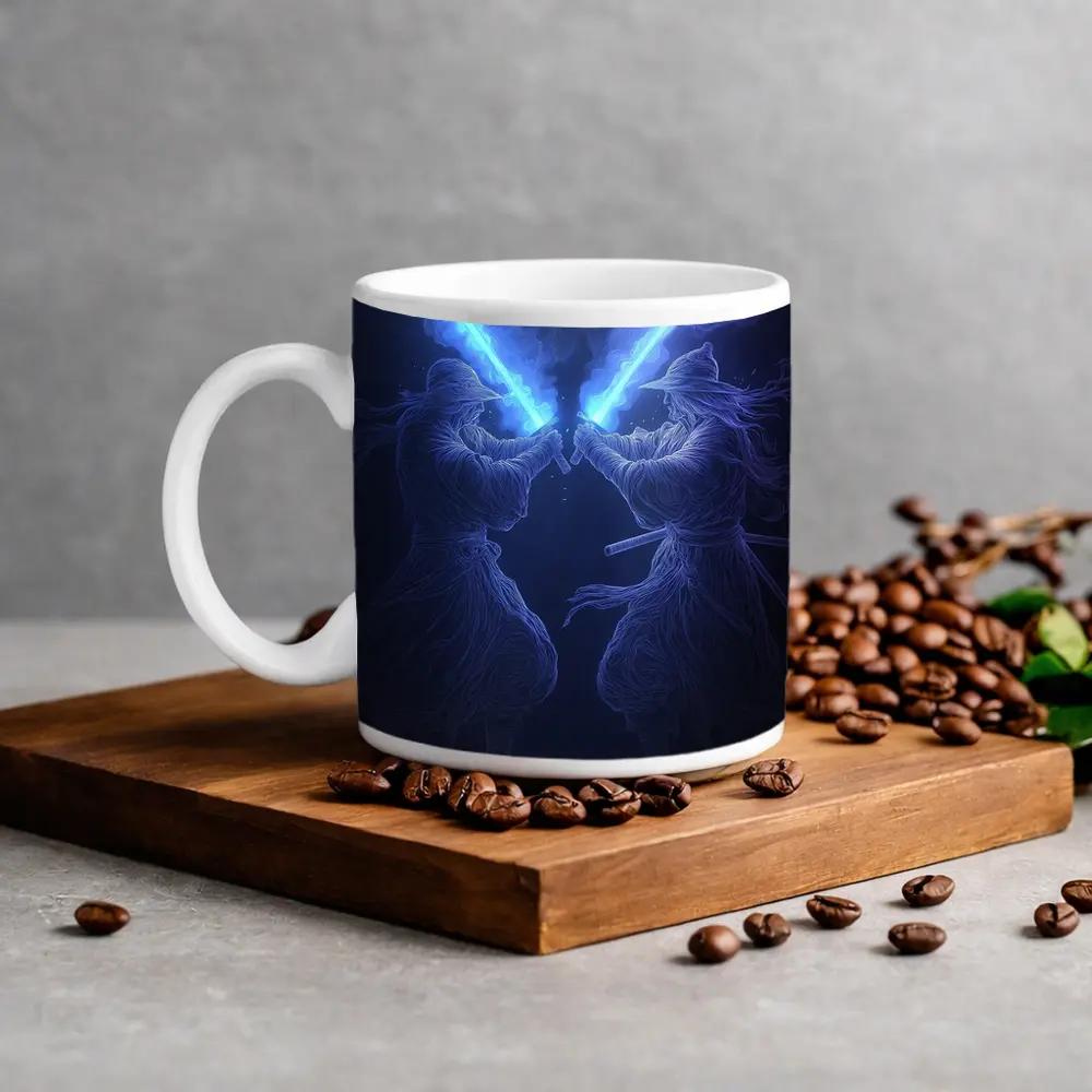 Two Jedi Warriors Blue Lightsaber Duel Dark – Mugs