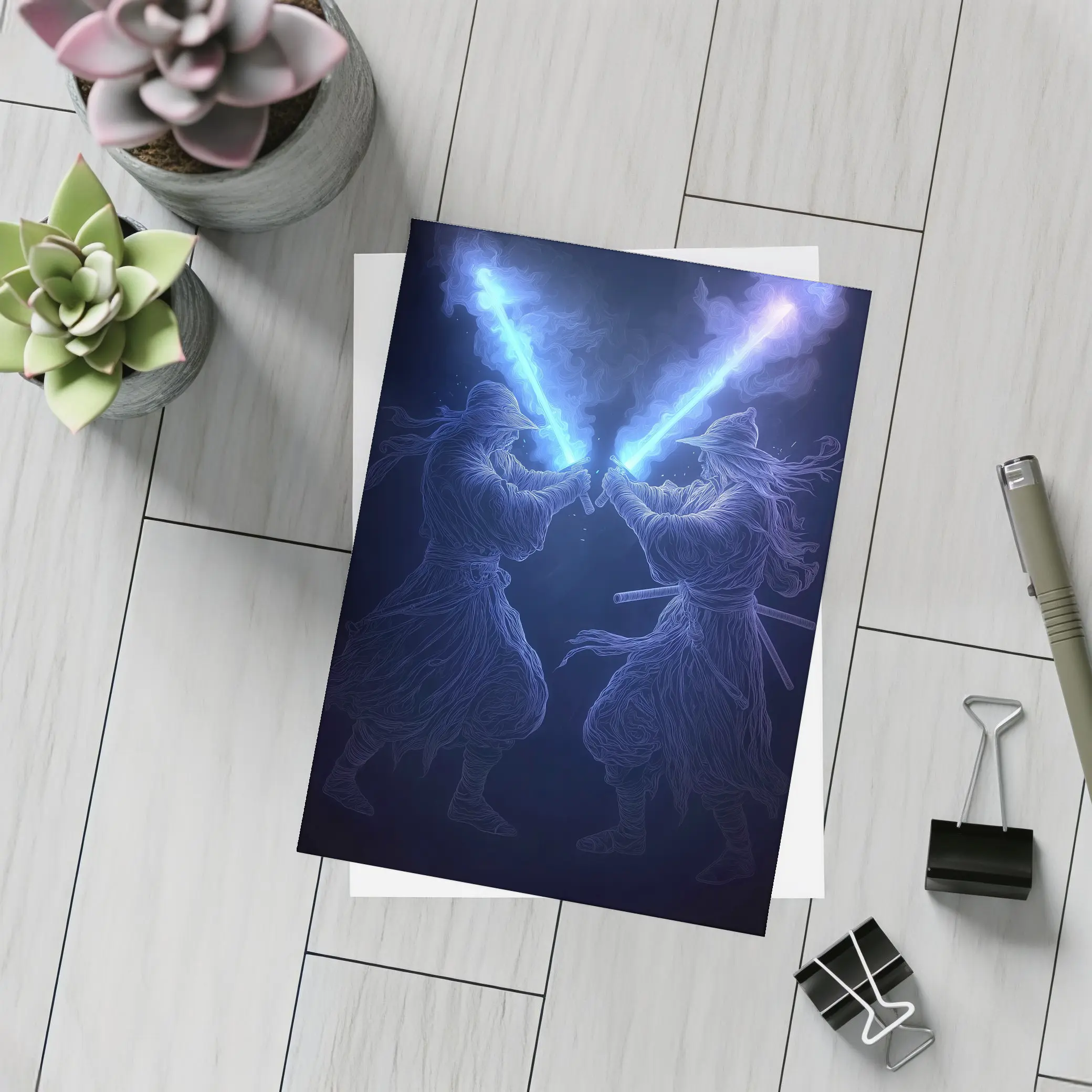 Two Jedi Warriors Blue Lightsaber Duel Dark – Postcards
