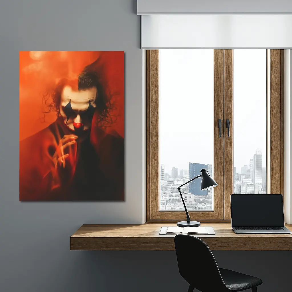 Joker Clown Portrait Red Smoky Background – Wall Art