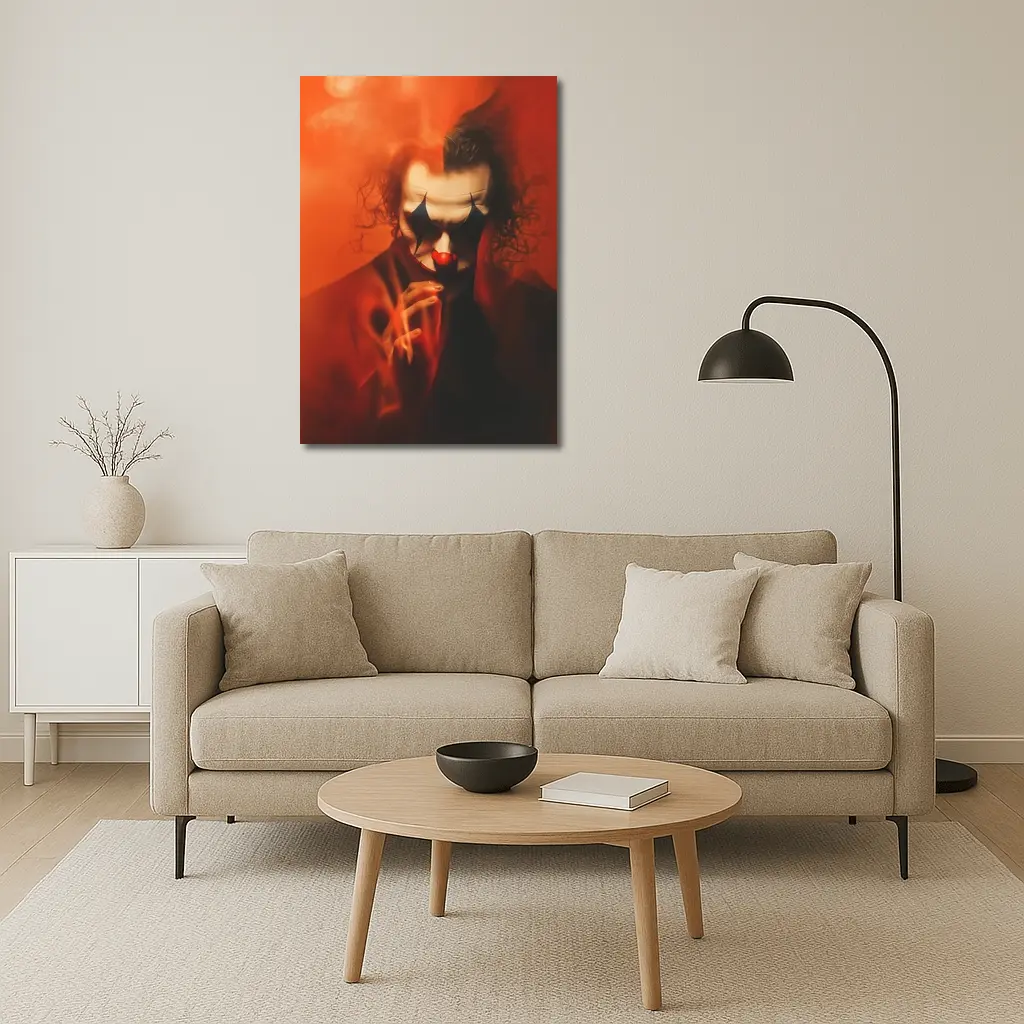 Joker Clown Portrait Red Smoky Background – Wall Art