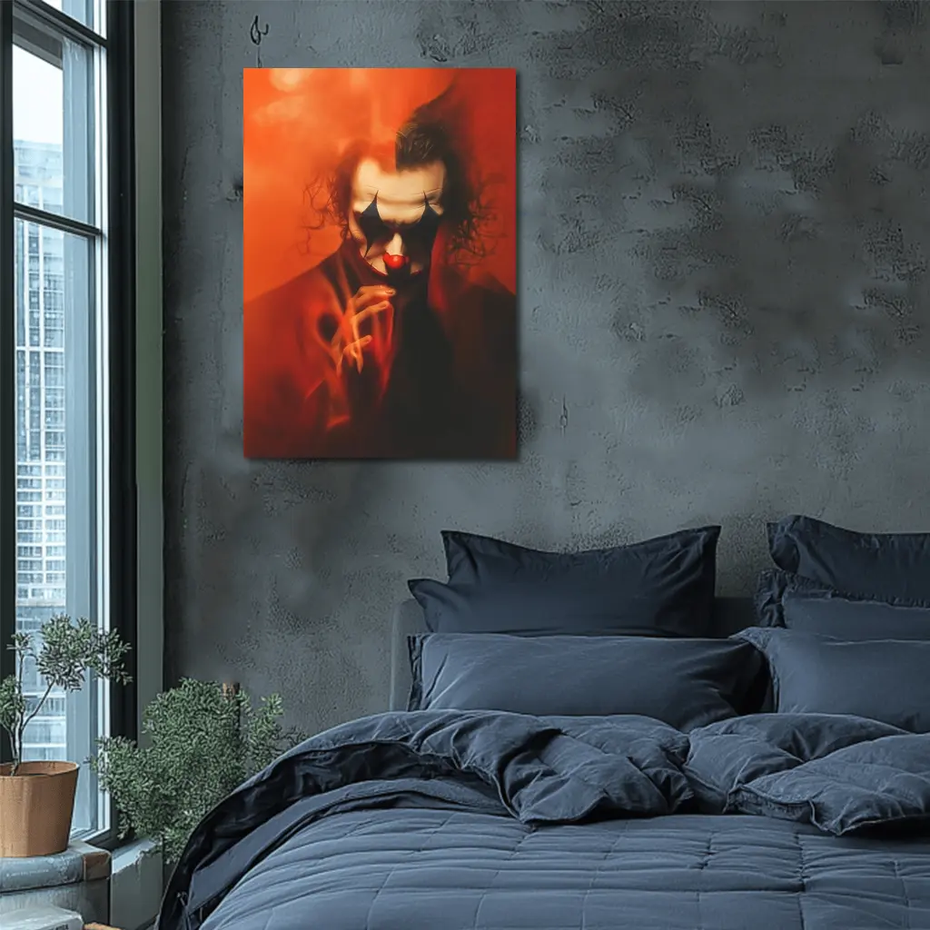 Joker Clown Portrait Red Smoky Background – Wall Art