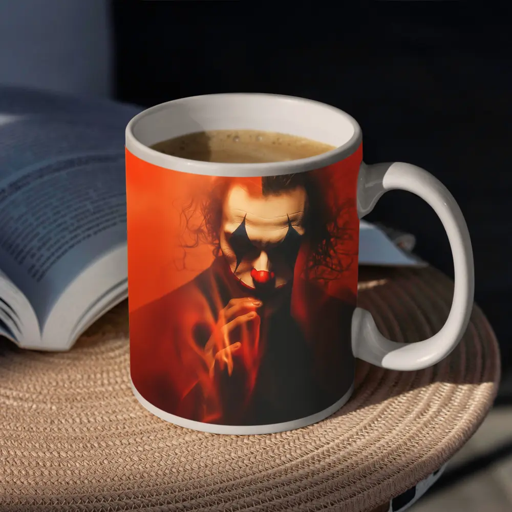 Joker Clown Portrait Red Smoky Background – Mugs