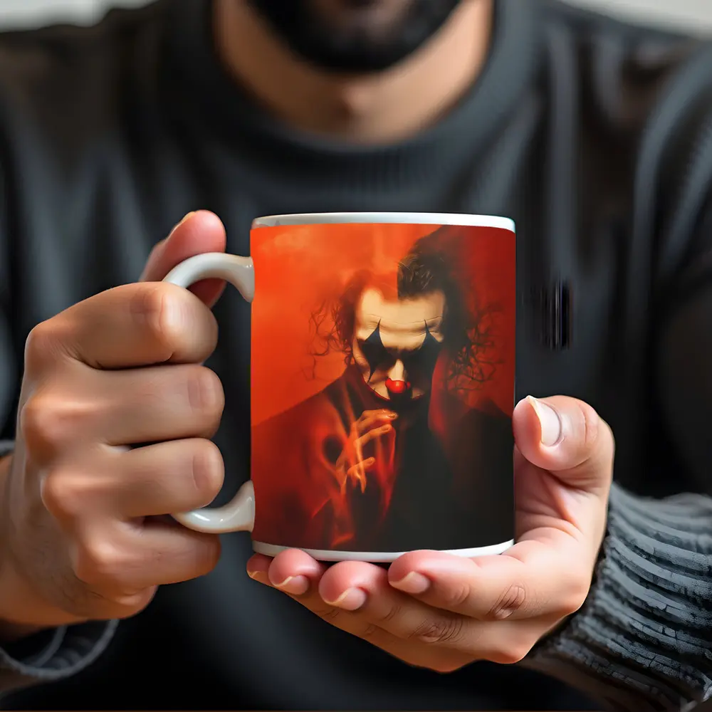 Joker Clown Portrait Red Smoky Background – Mugs