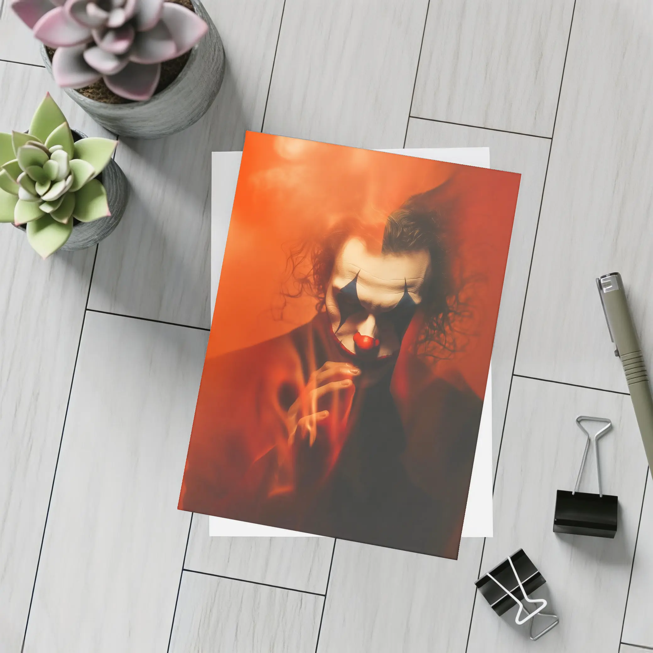 Joker Clown Portrait Red Smoky Background – Postcards