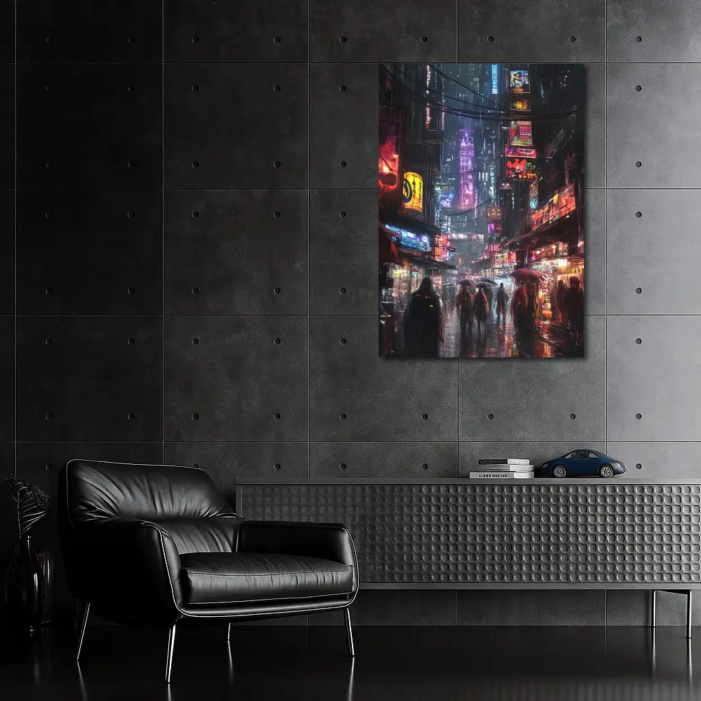 Cyberpunk Rainy City Street Neon Night – Wall Art