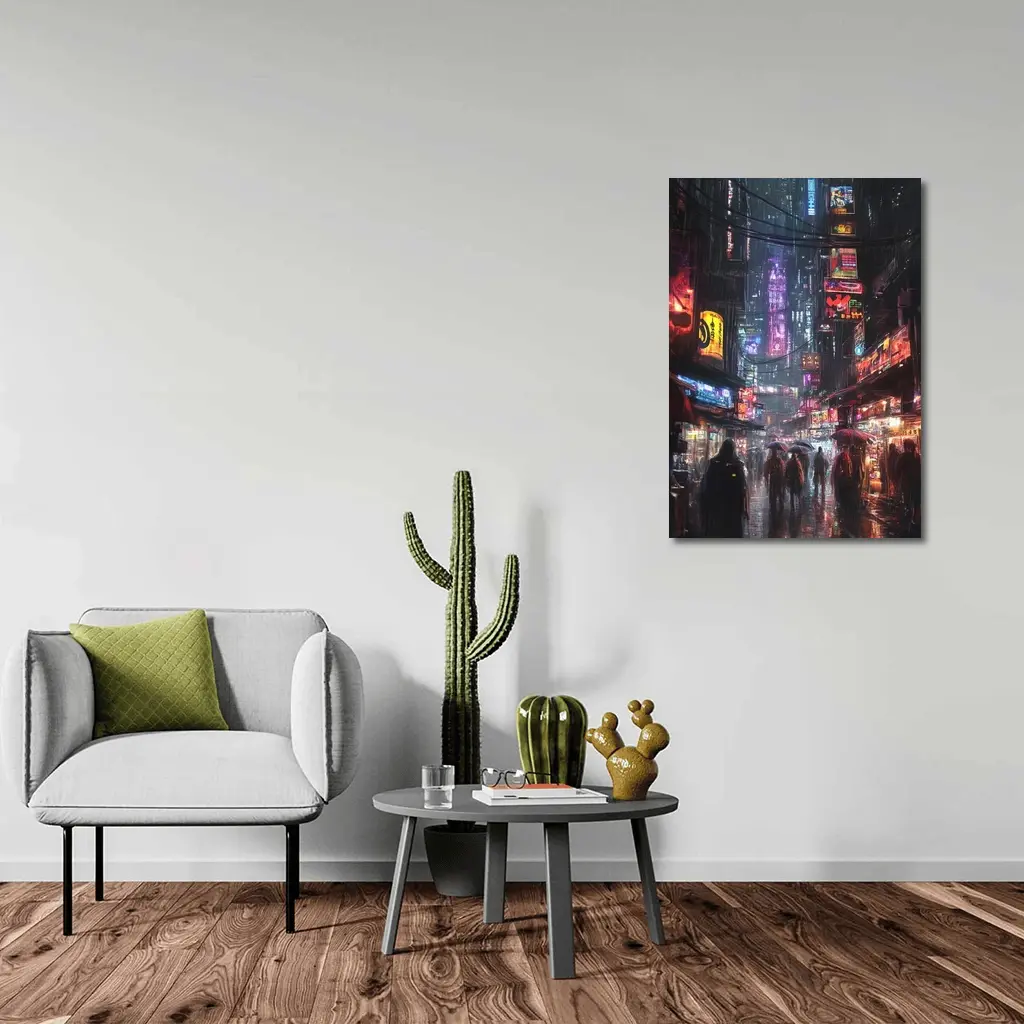 Cyberpunk Rainy City Street Neon Night – Wall Art