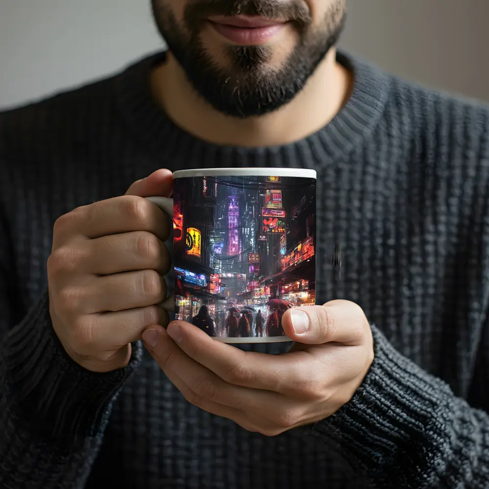 Cyberpunk Rainy City Street Neon Night – Mugs