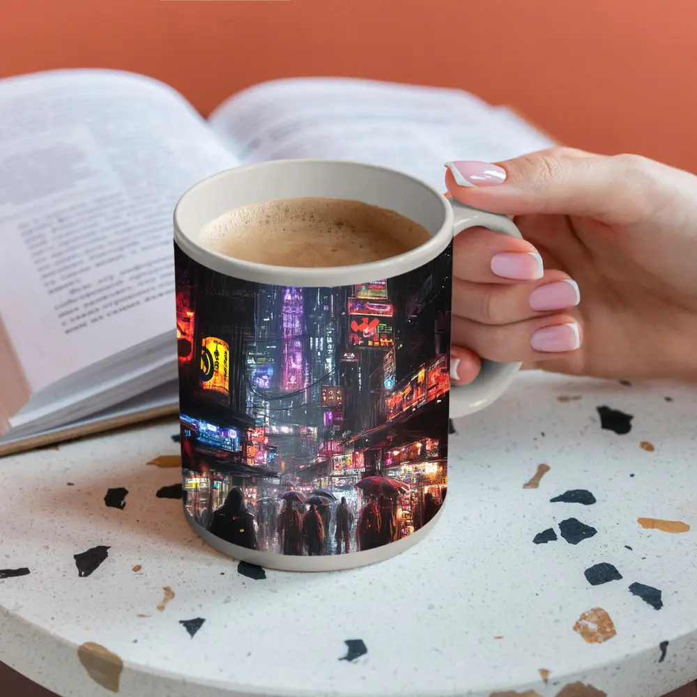 Cyberpunk Rainy City Street Neon Night – Mugs