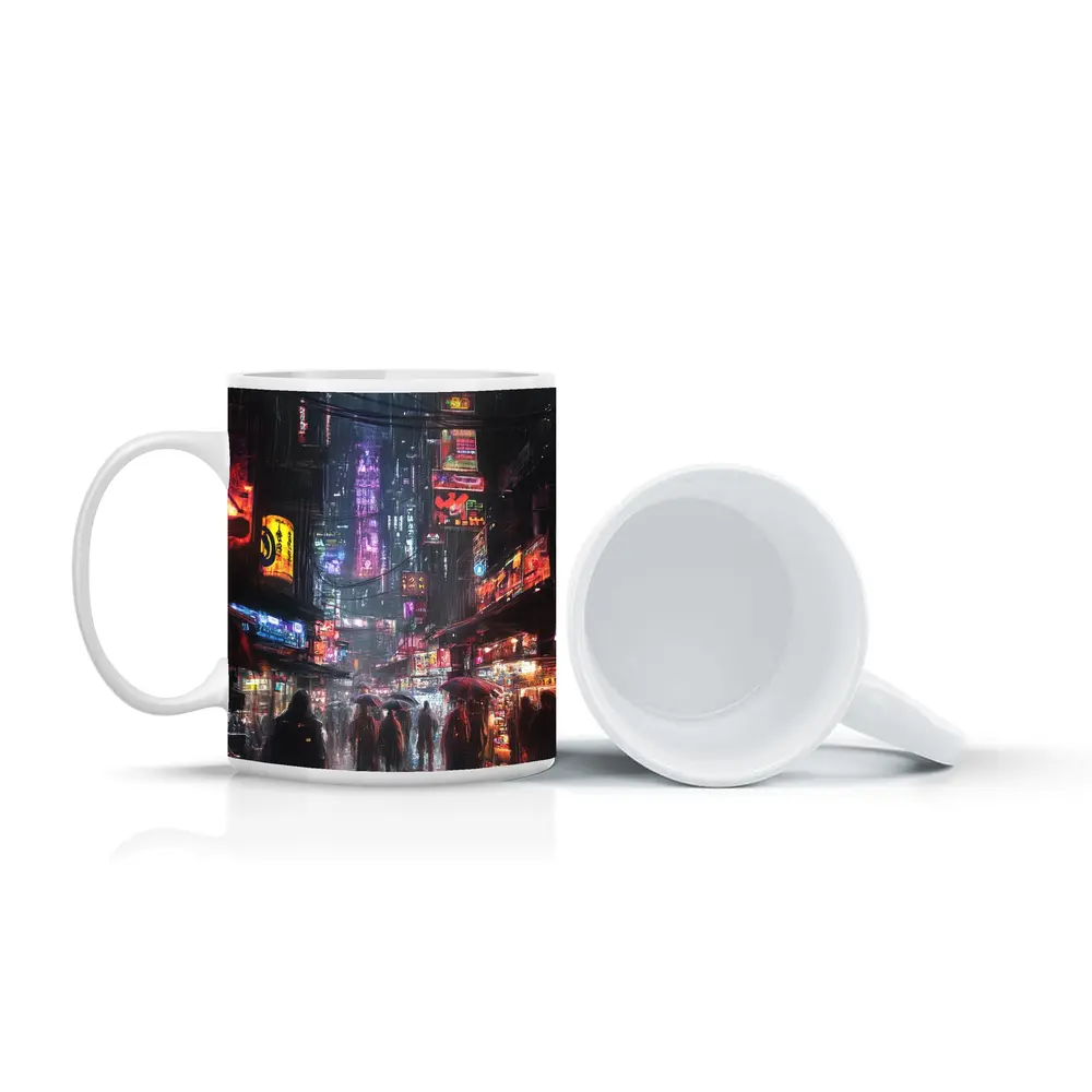 Cyberpunk Rainy City Street Neon Night – Mugs