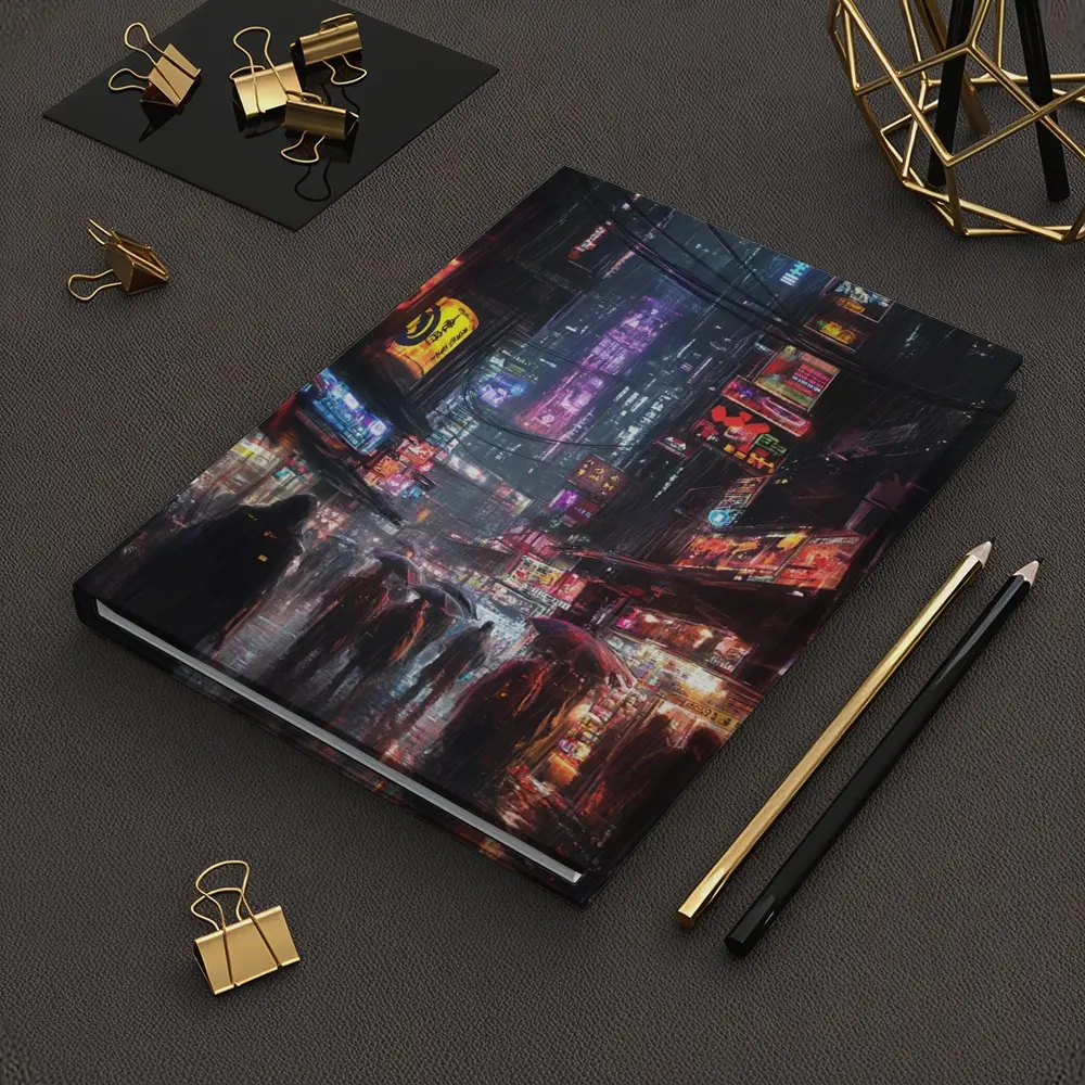 Cyberpunk Rainy City Street Neon Night – Notebooks