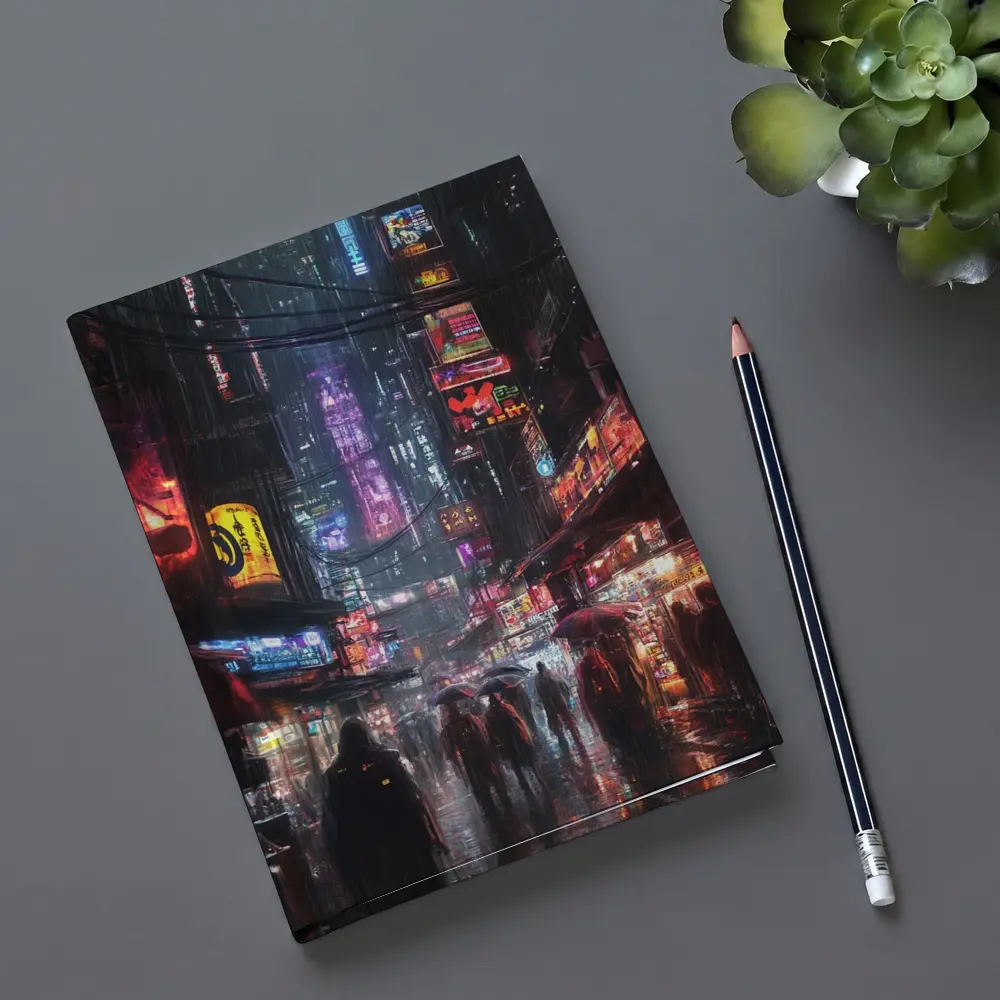 Cyberpunk Rainy City Street Neon Night – Notebooks