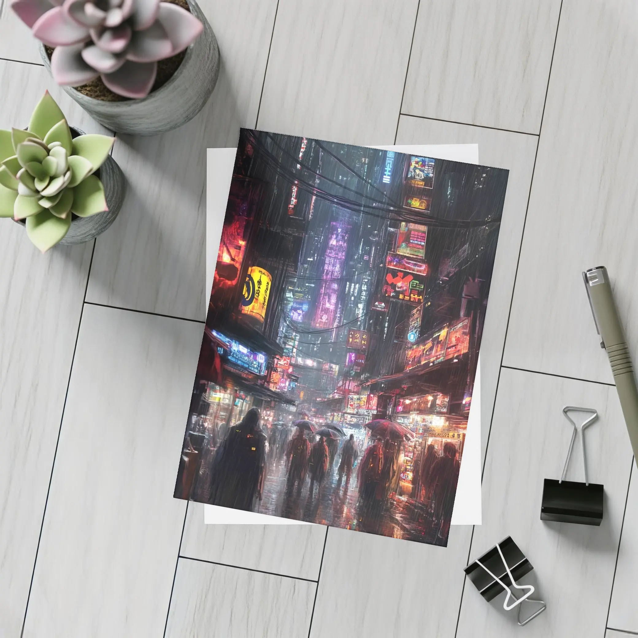 Cyberpunk Rainy City Street Neon Night – Postcards