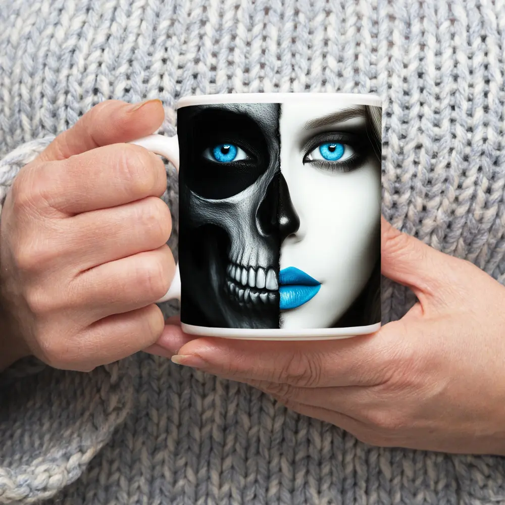 Half Skull Half Woman Blue Eyes – Mugs