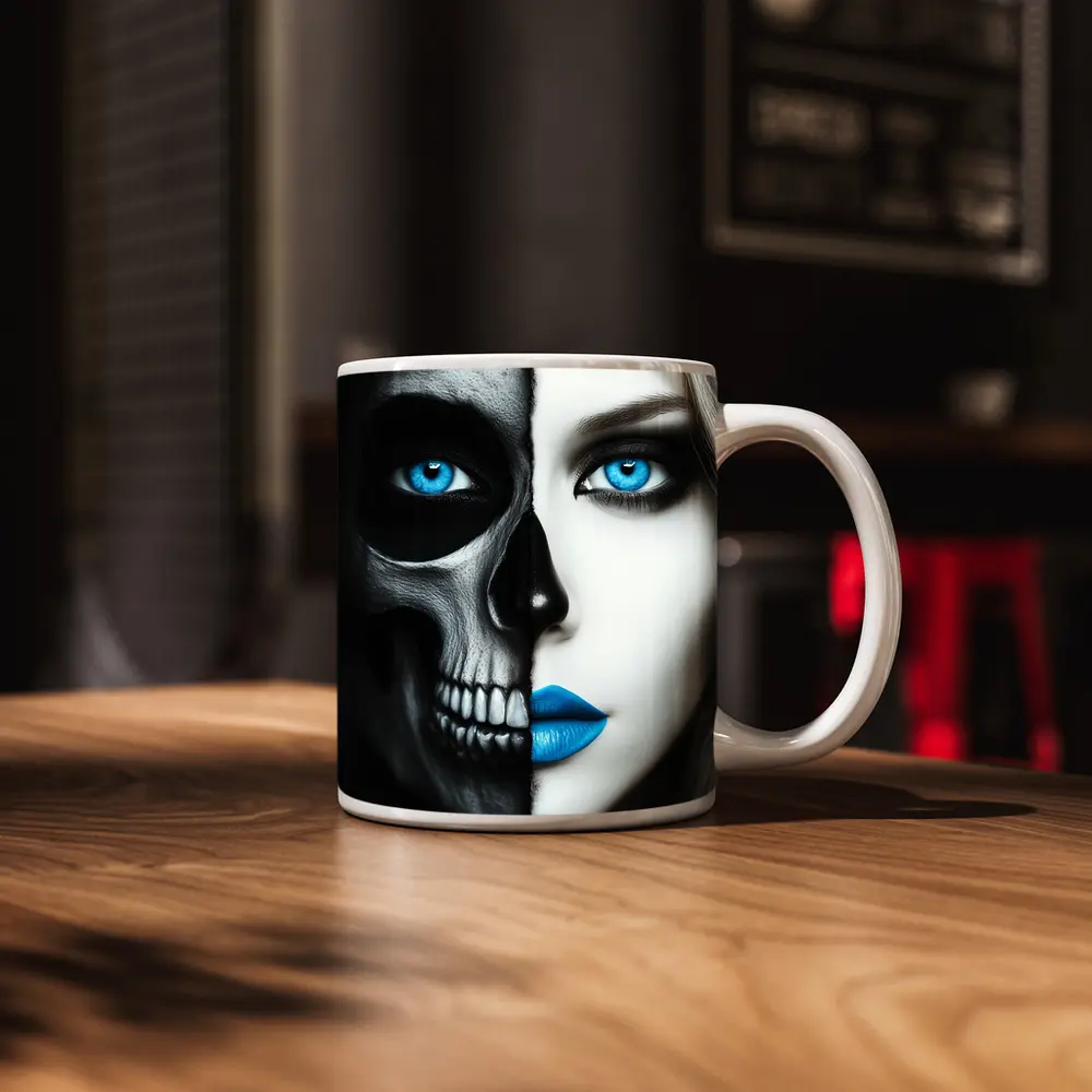 Half Skull Half Woman Blue Eyes – Mugs