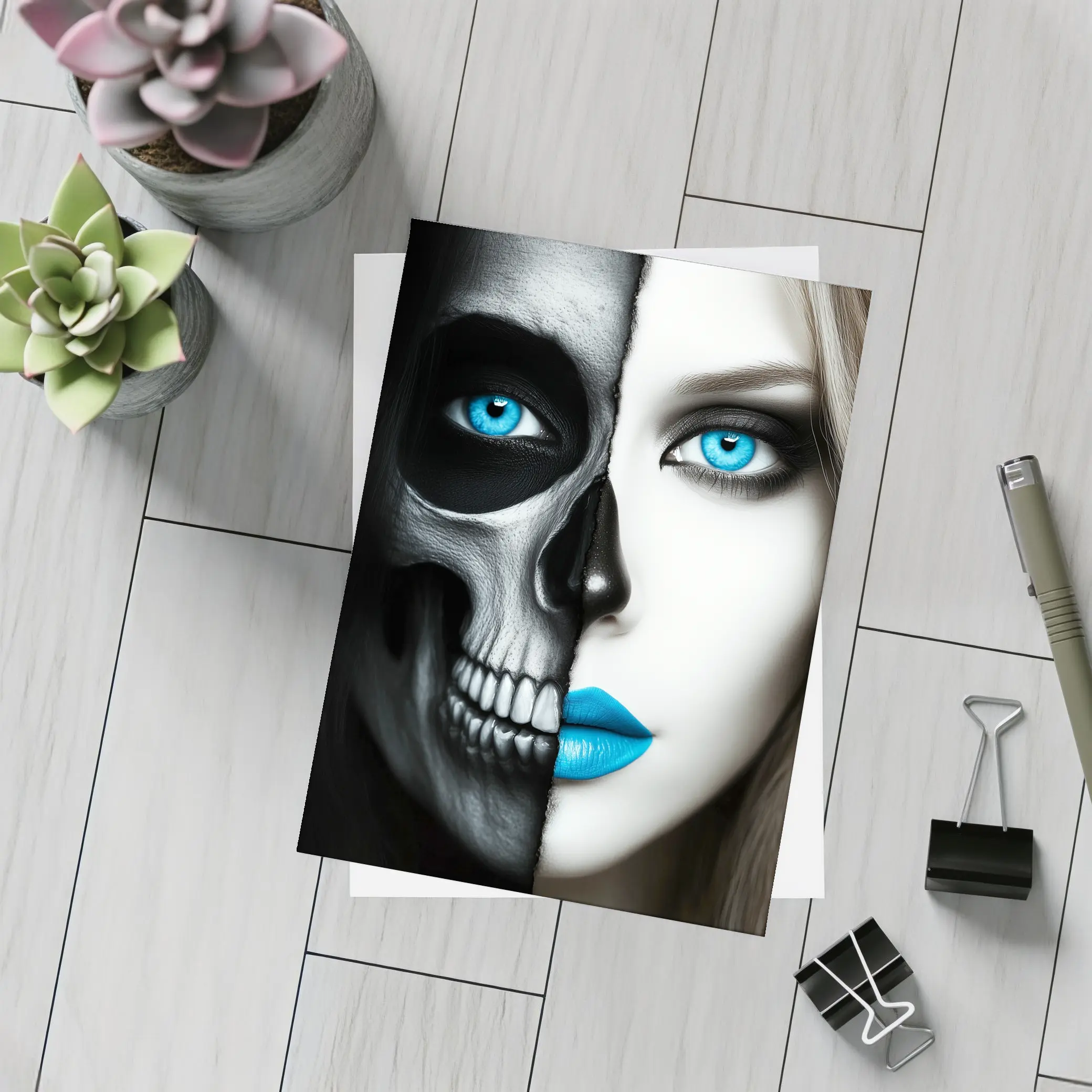 Half Skull Half Woman Blue Eyes – Postcards