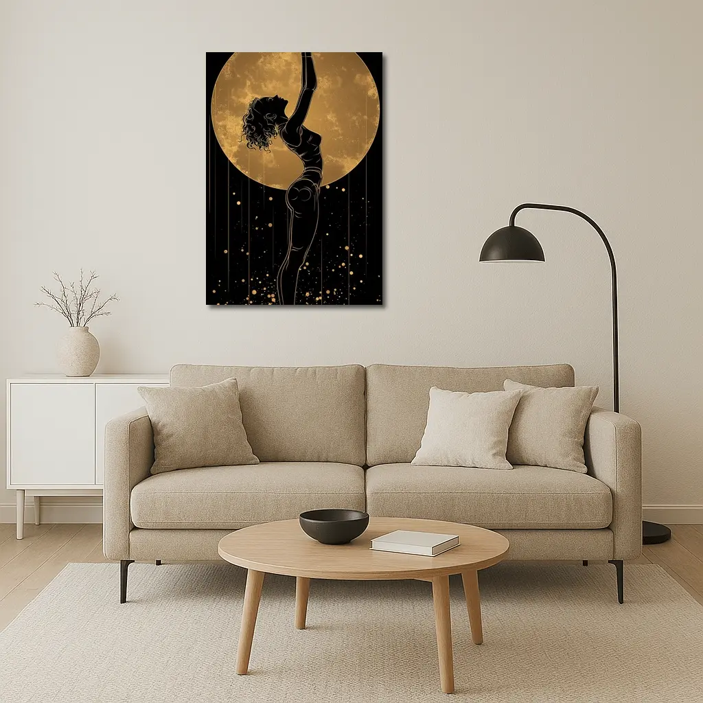 Dancer Silhouette Golden Moon Black Background – Wall Art
