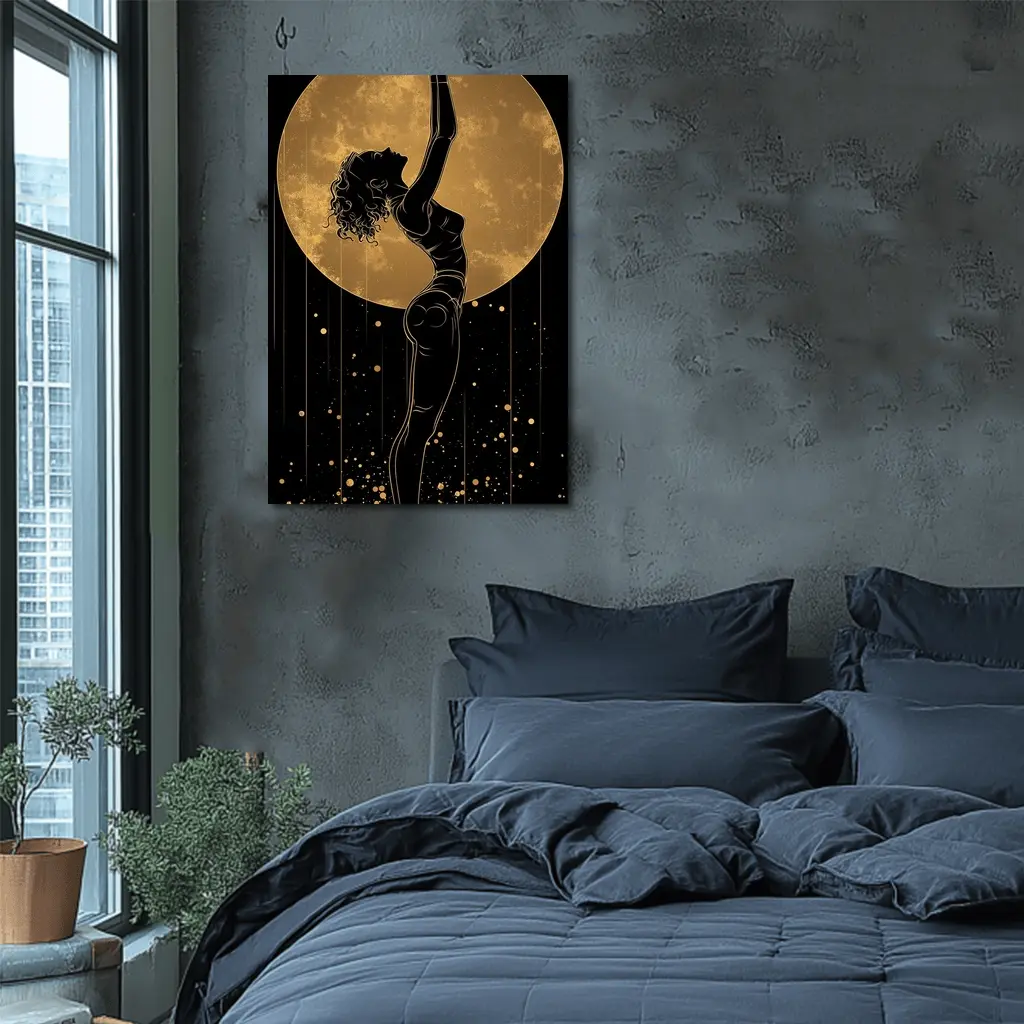 Dancer Silhouette Golden Moon Black Background – Wall Art