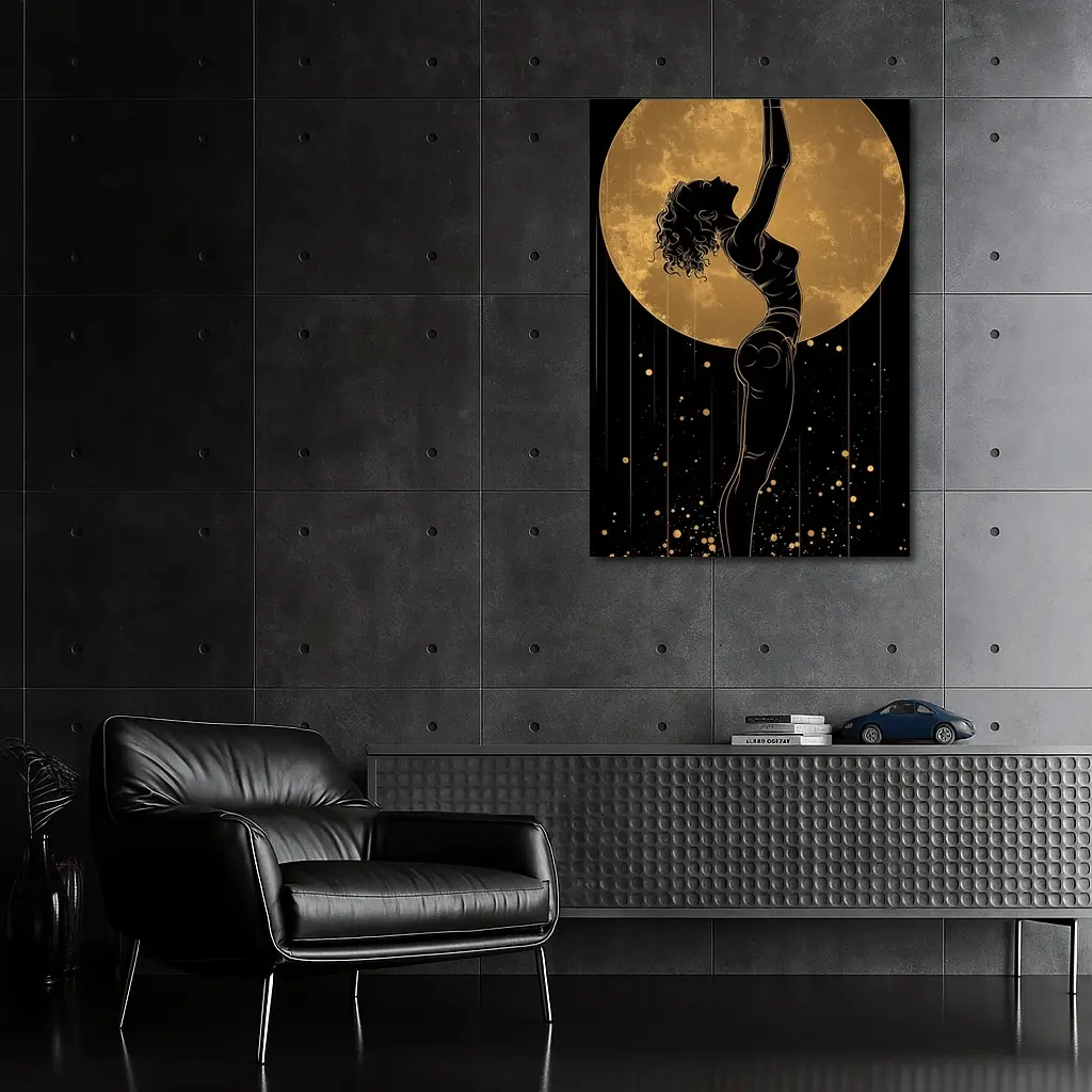 Dancer Silhouette Golden Moon Black Background – Wall Art