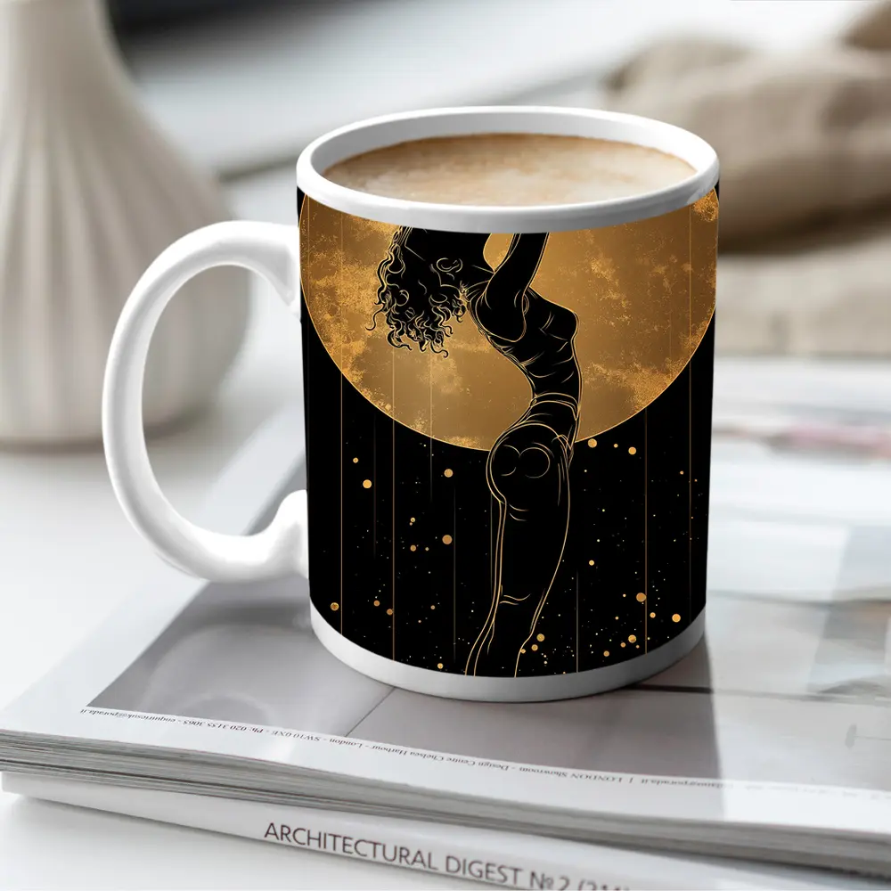 Dancer Silhouette Golden Moon Black Background – Mugs