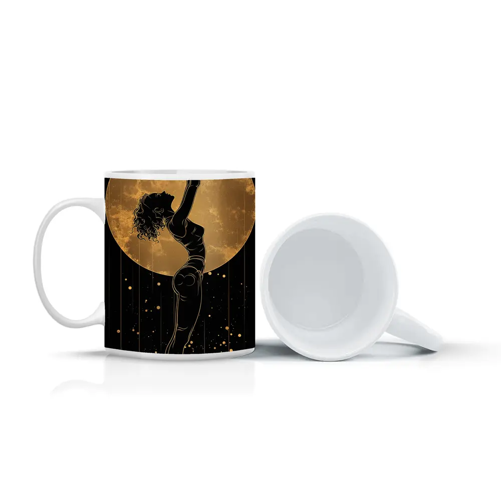 Dancer Silhouette Golden Moon Black Background – Mugs